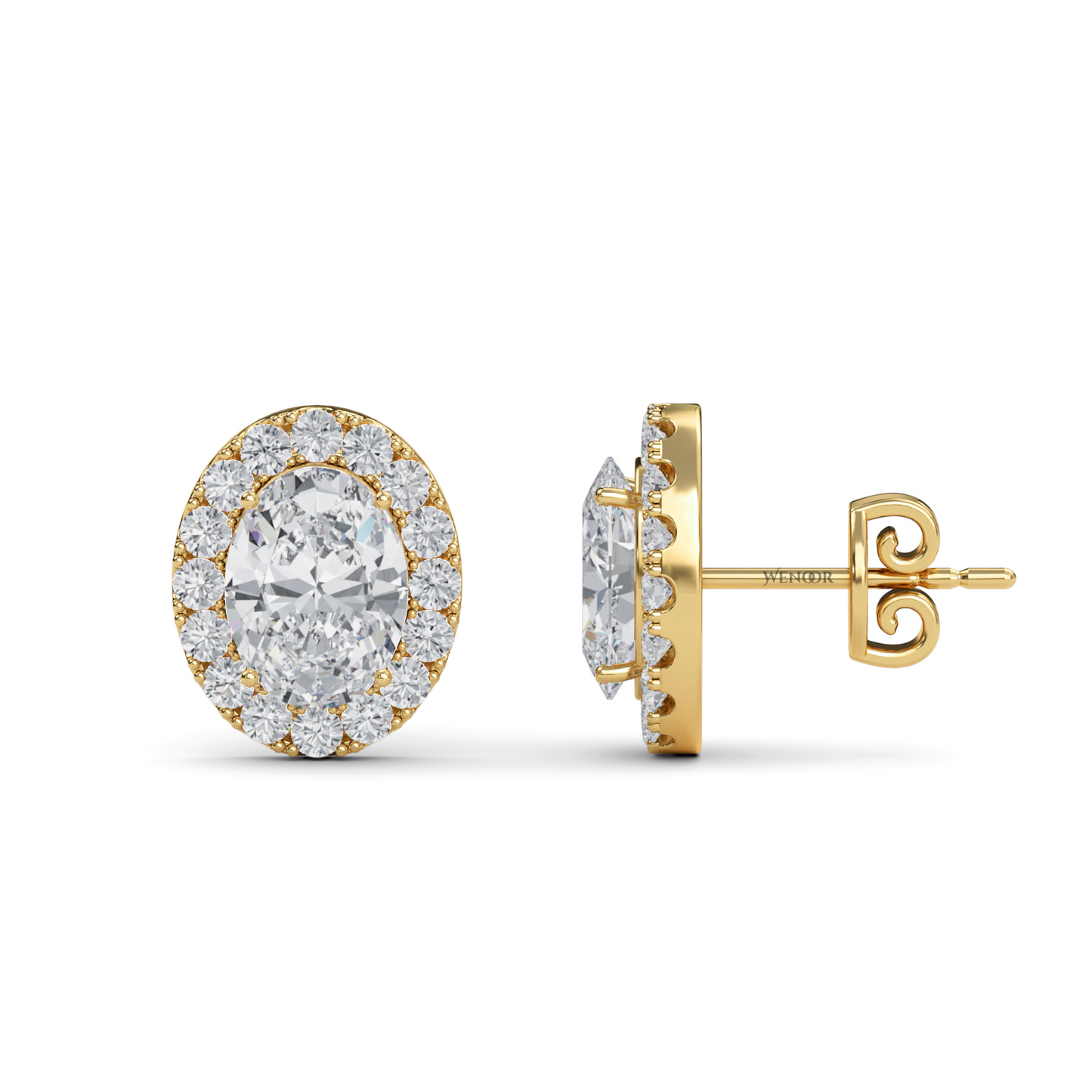 Oval Shape Halo Lab Grown Diamond Stud Earrings - Dazzling oval cut center diamond halo of round brilliant lab diamonds, set in premium 14K gold.