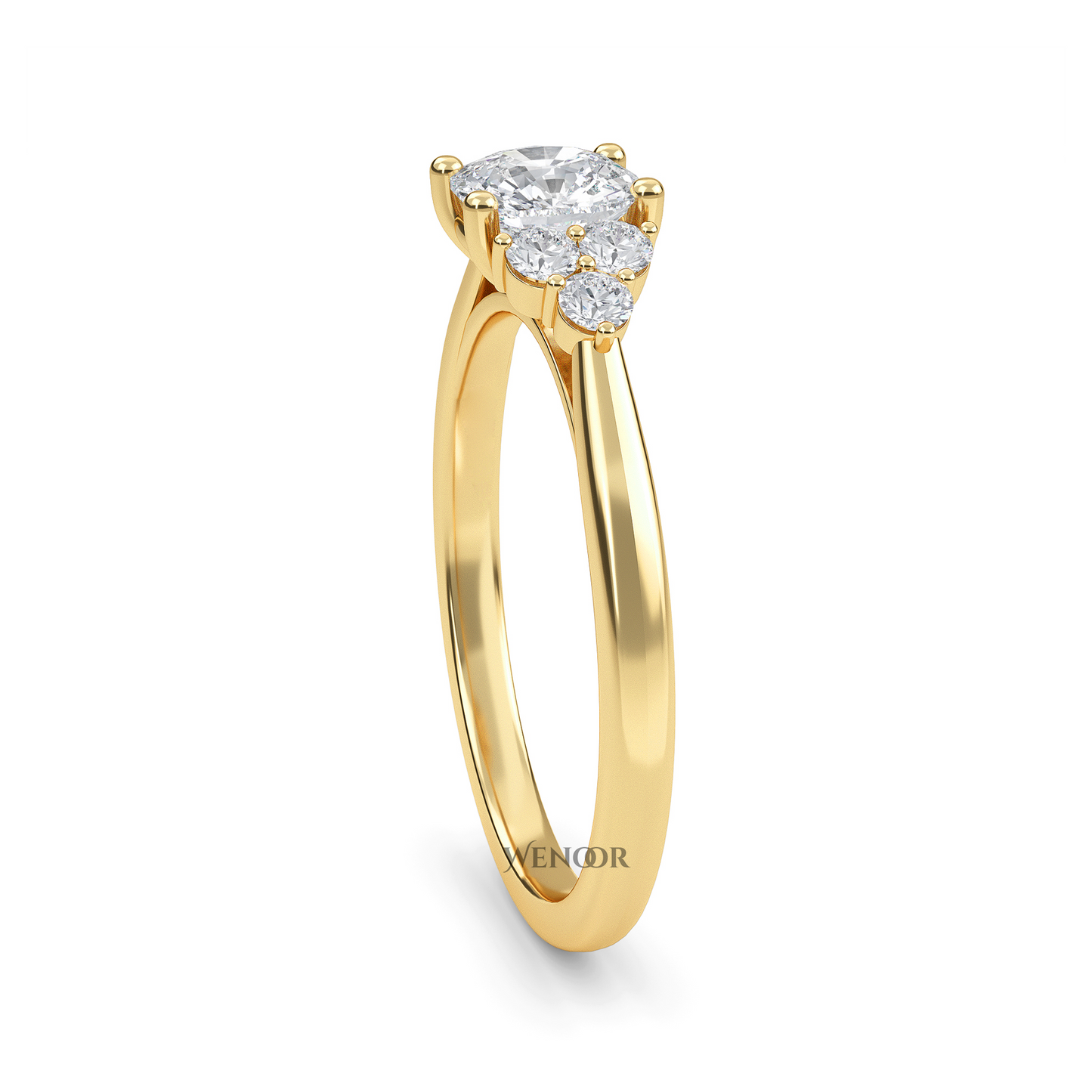 At wenoor Woman wearing cushion cut lab-grown diamond ring on hand, sunlight highlighting its fire and scintillation.