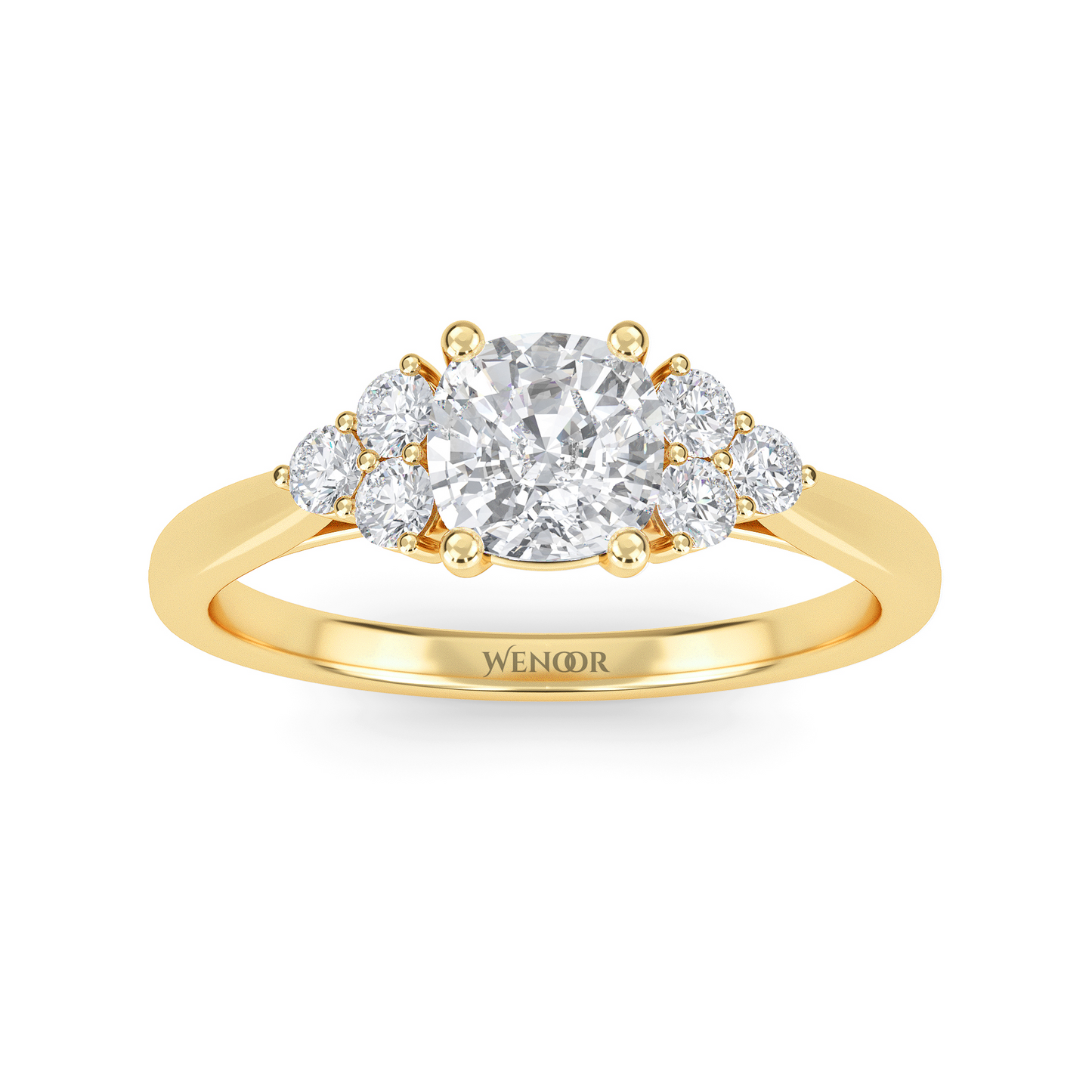 At wenoor Woman wearing cushion cut lab-grown diamond ring on hand, sunlight highlighting its fire and scintillation.