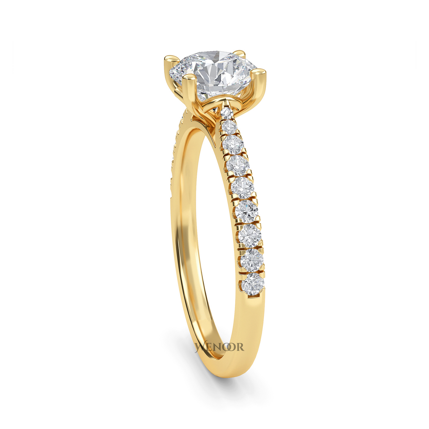 Woman wearing round brilliant lab grown diamond wedding ring