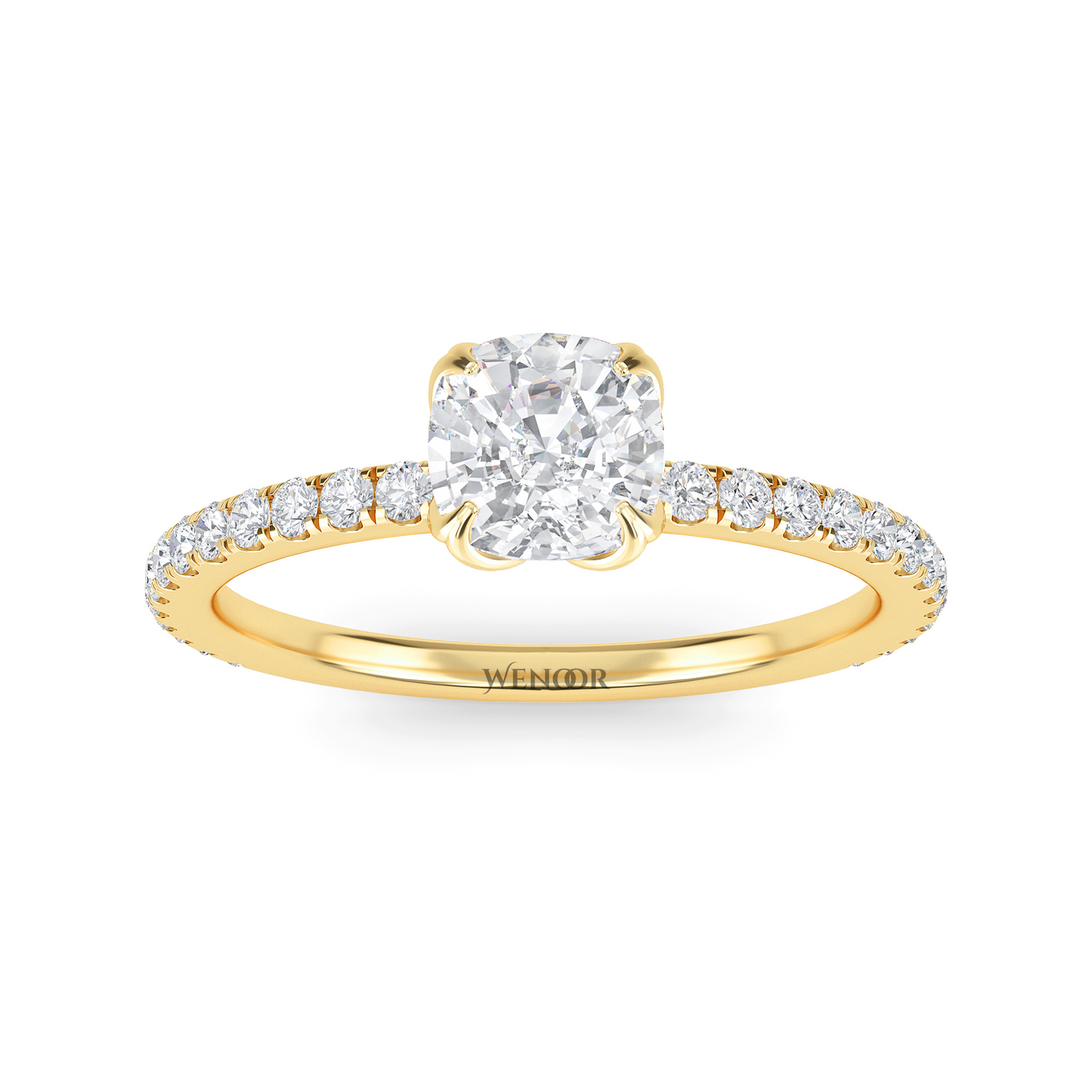Bride showing cushion cut lab diamond wedding ring on hand