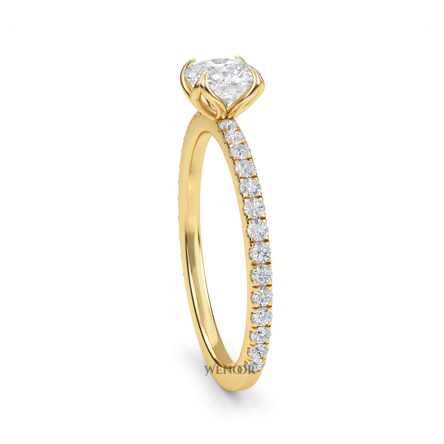 Bride showing cushion cut lab diamond wedding ring on hand