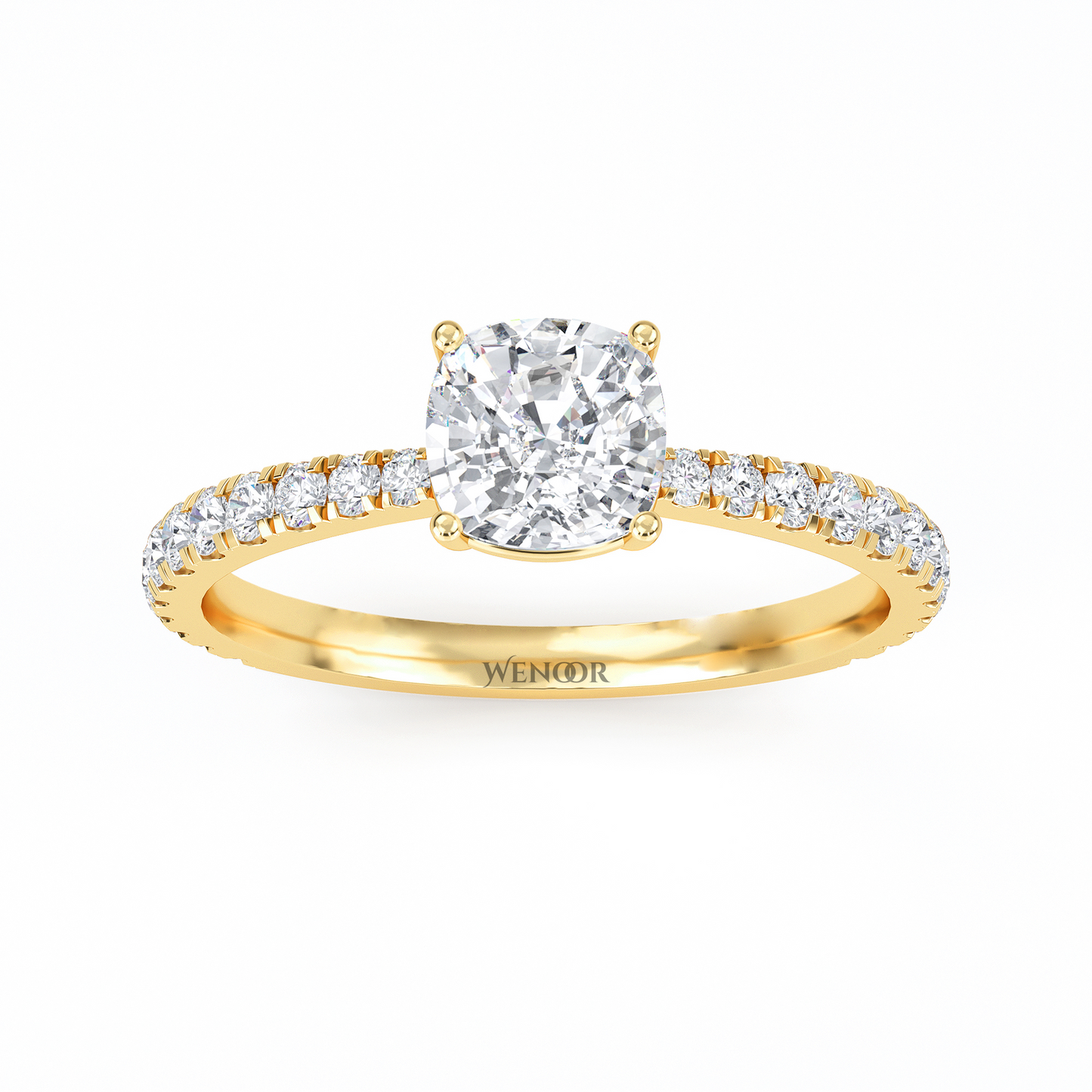 Woman Wearing Wenoor Cushion Cut Lab Diamond Engagement Ring Ethical Gold Solitaire"