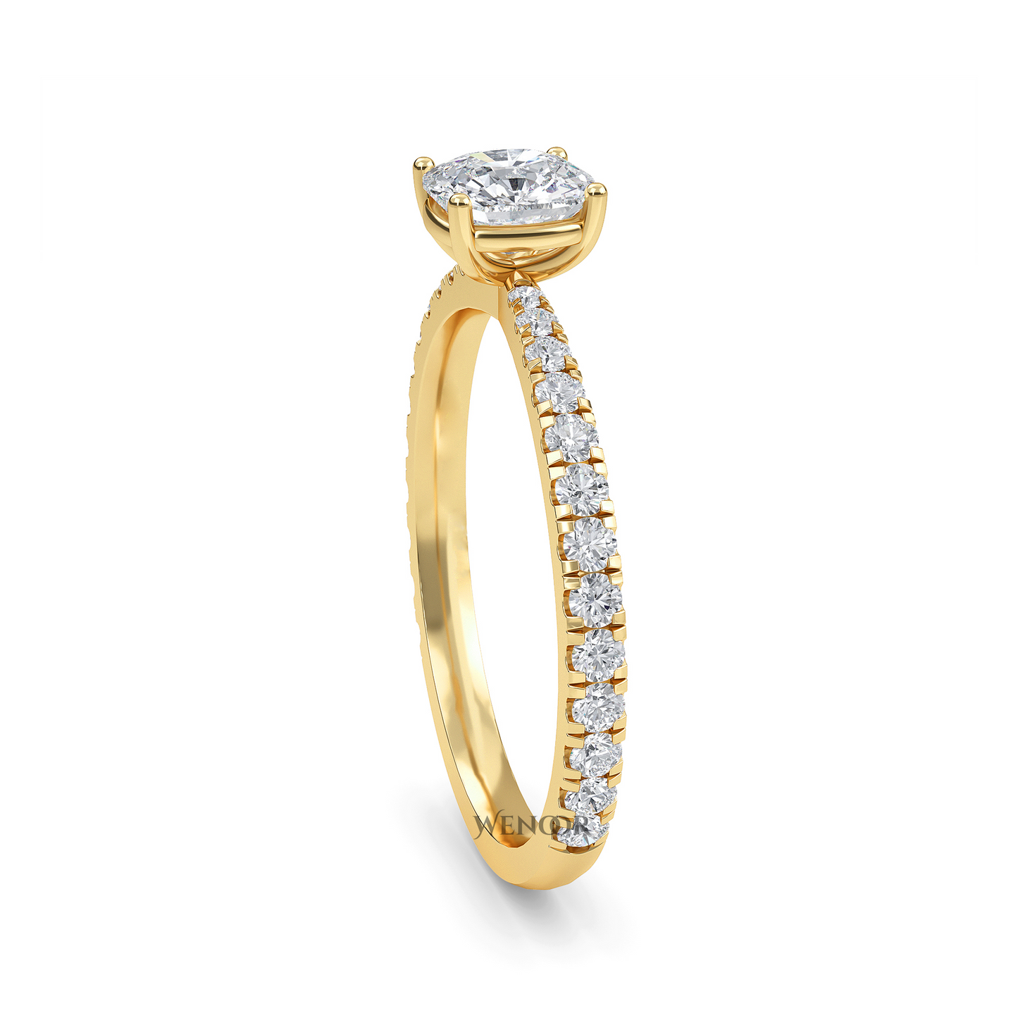 Woman Wearing Wenoor Cushion Cut Lab Diamond Engagement Ring Ethical Gold Solitaire
