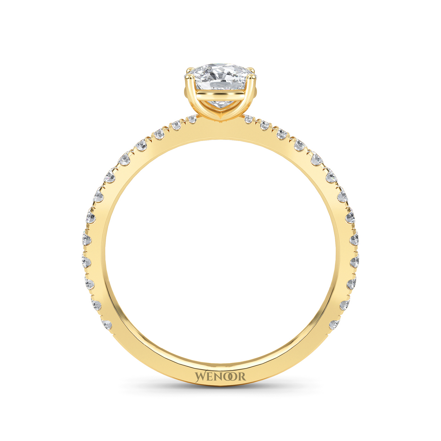 Woman Wearing Wenoor Cushion Cut Lab Diamond Engagement Ring Ethical Gold Solitaire