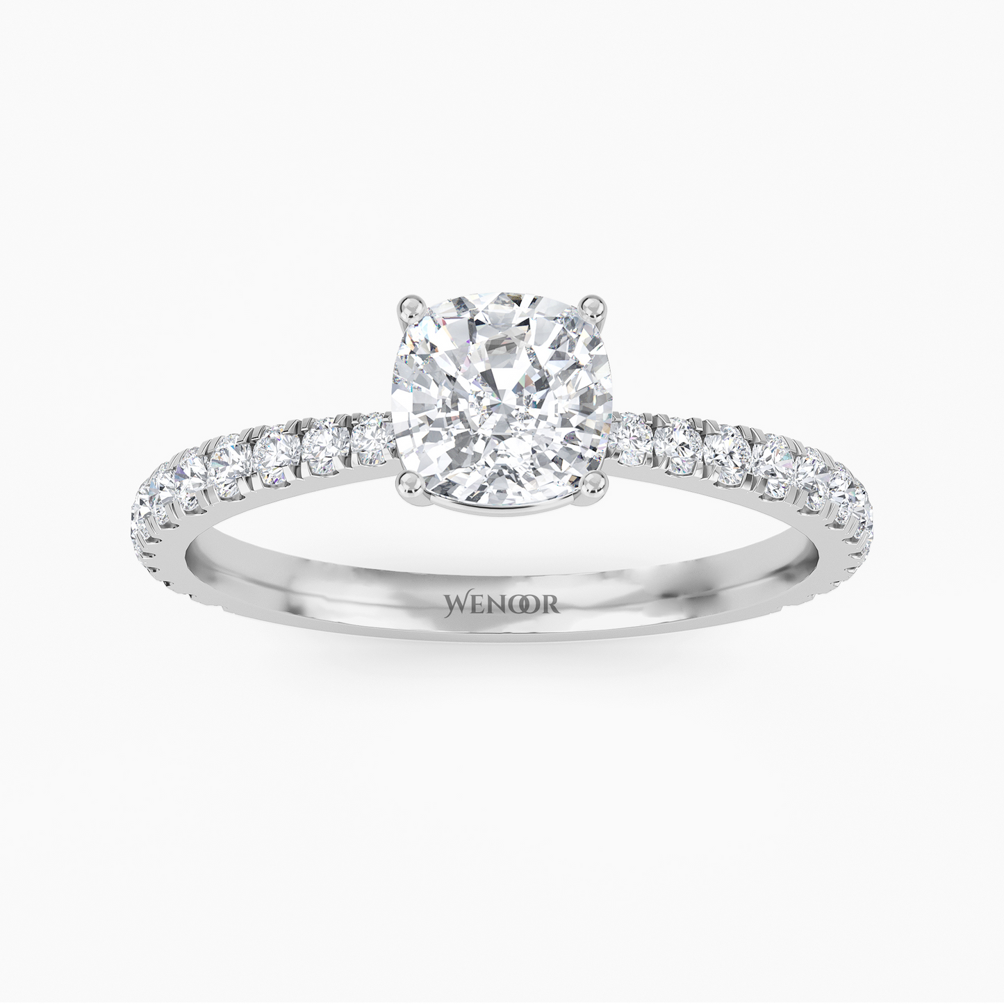Woman Wearing Wenoor Cushion Cut Lab Diamond Engagement Ring Ethical Gold Solitaire