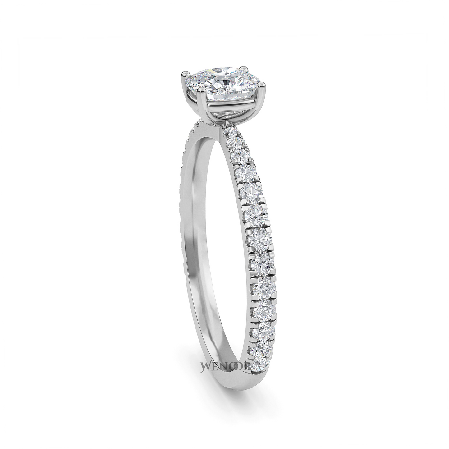 Woman Wearing Wenoor Cushion Cut Lab Diamond Engagement Ring Ethical Gold Solitaire