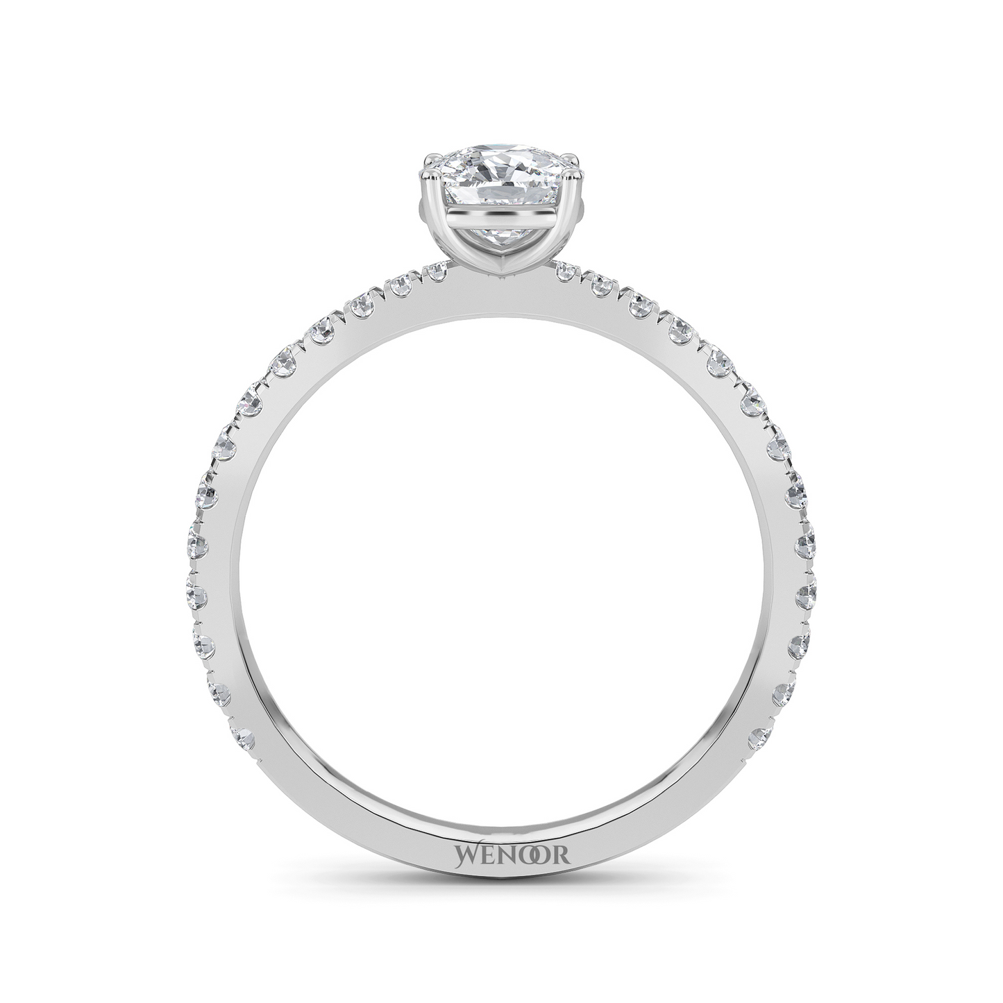 Woman Wearing Wenoor Cushion Cut Lab Diamond Engagement Ring Ethical Gold Solitaire