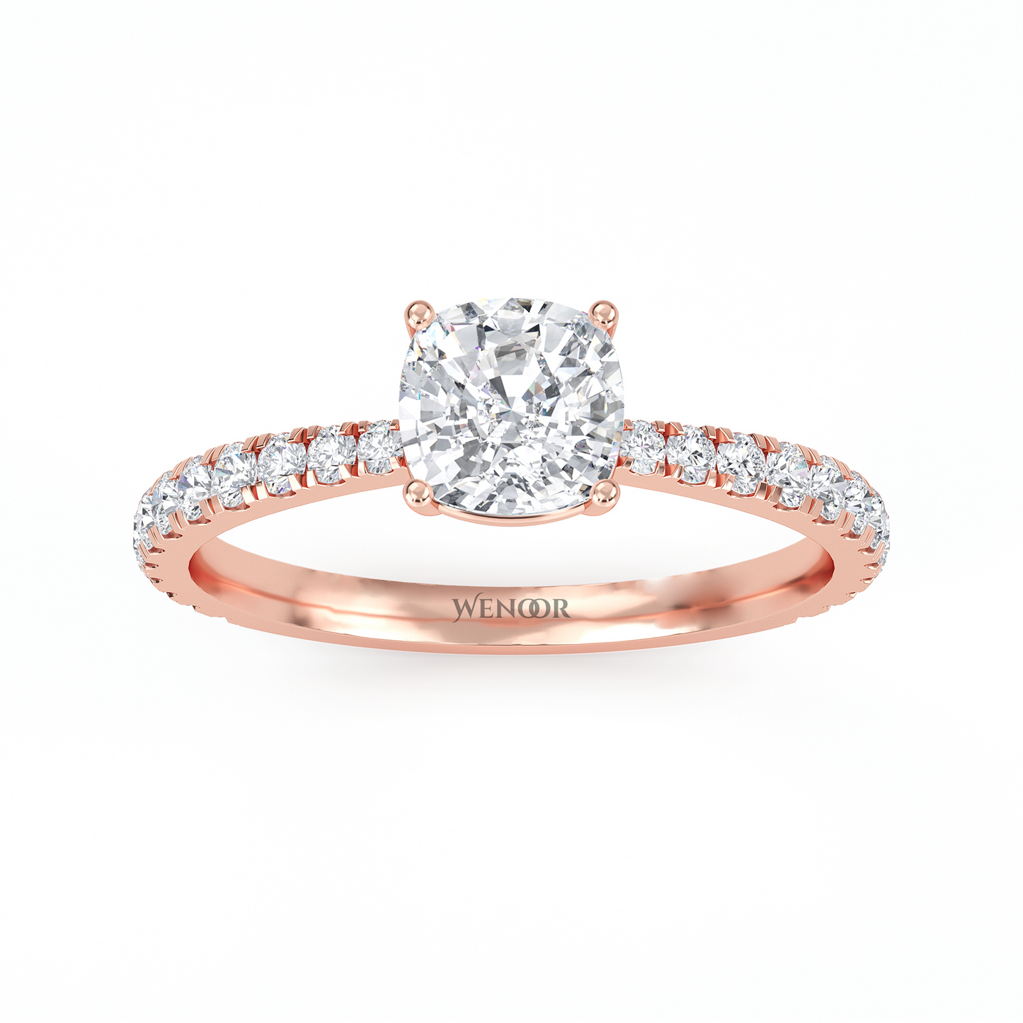 Woman Wearing Wenoor Cushion Cut Lab Diamond Engagement Ring Ethical Gold Solitaire