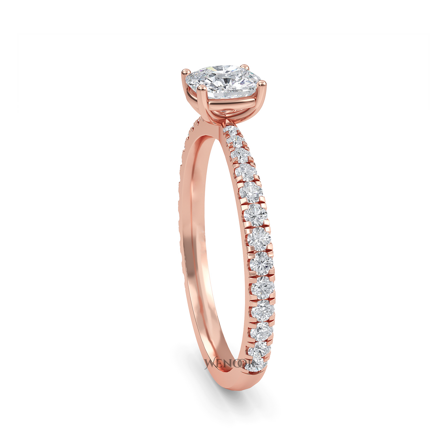 Woman Wearing Wenoor Cushion Cut Lab Diamond Engagement Ring Ethical Gold Solitaire