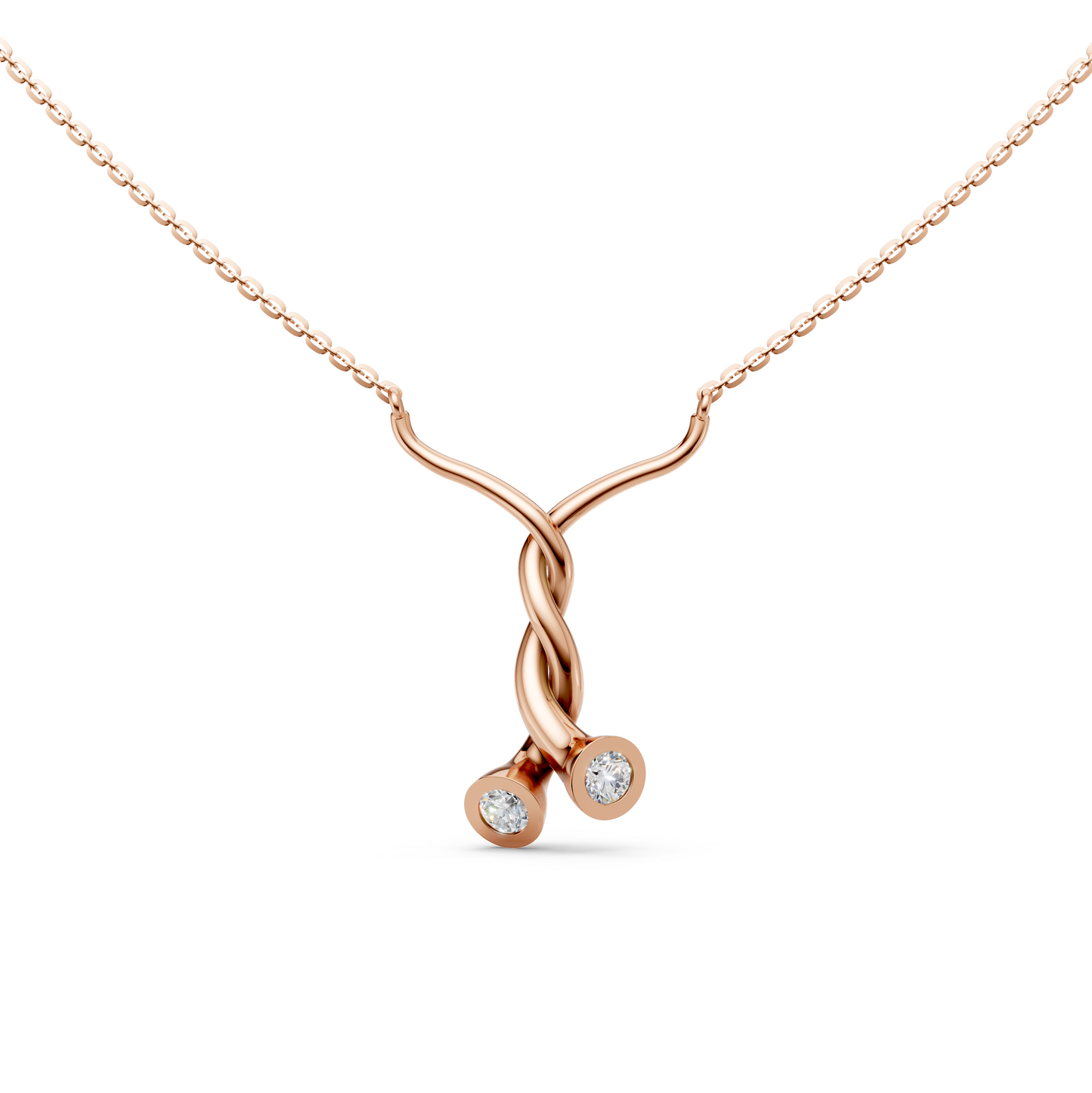 Karen Twisted love symbol pendant necklace with two stone round solitaire brilliant cut bezel-set lab grown diamonds in 14K/18K Rose gold