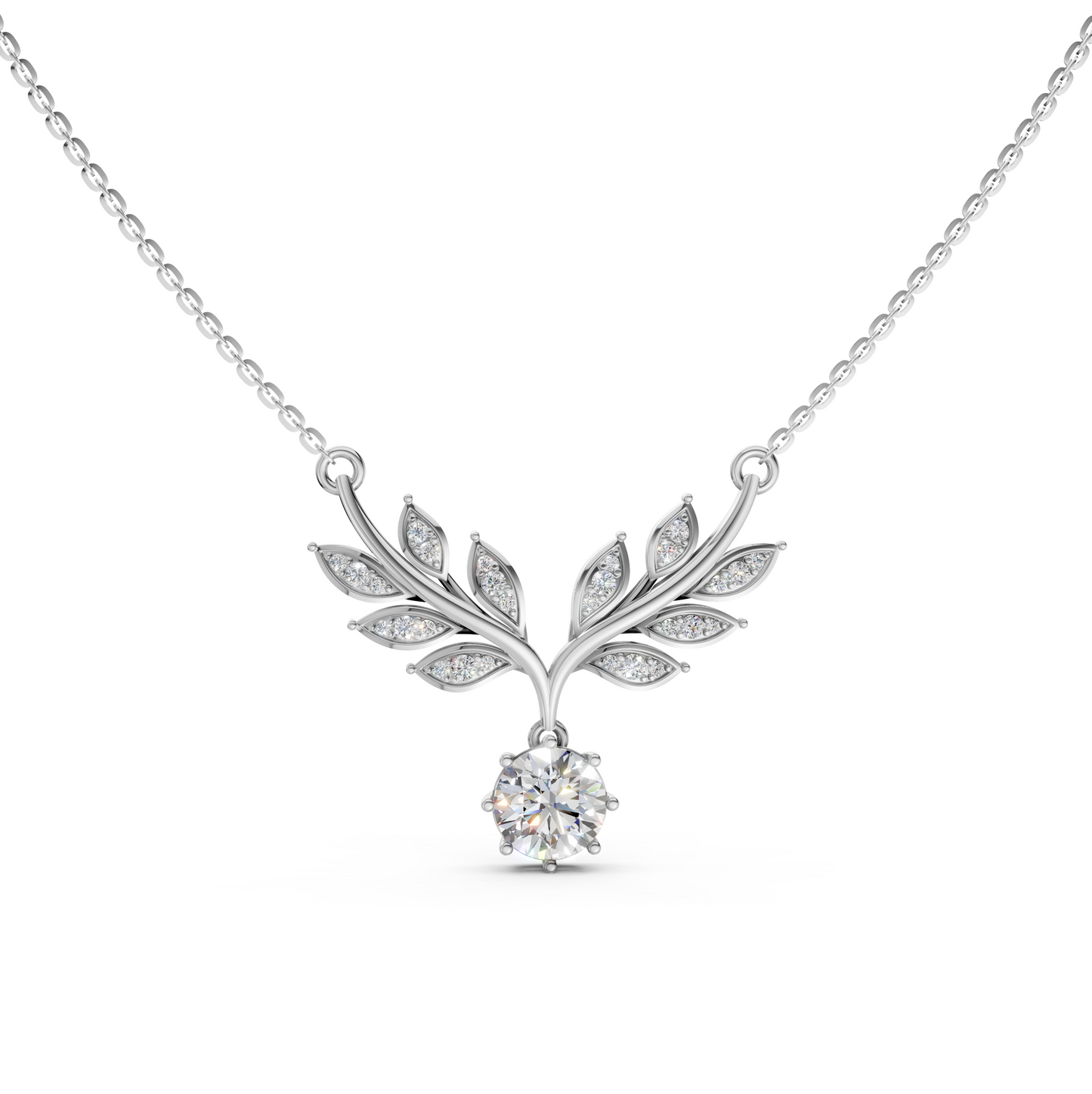 Leaf pendant necklace with solitaire brilliant round lab-grown diamond in 14K/18K White gold