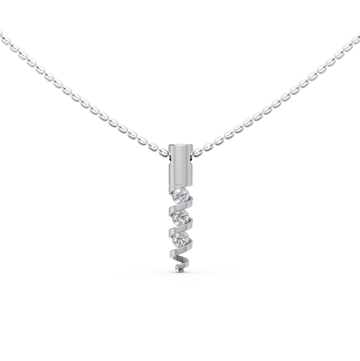 Nia Spiral charm 3-stone round brilliant cut diamond pendant necklace in 14K/18K solid White gold