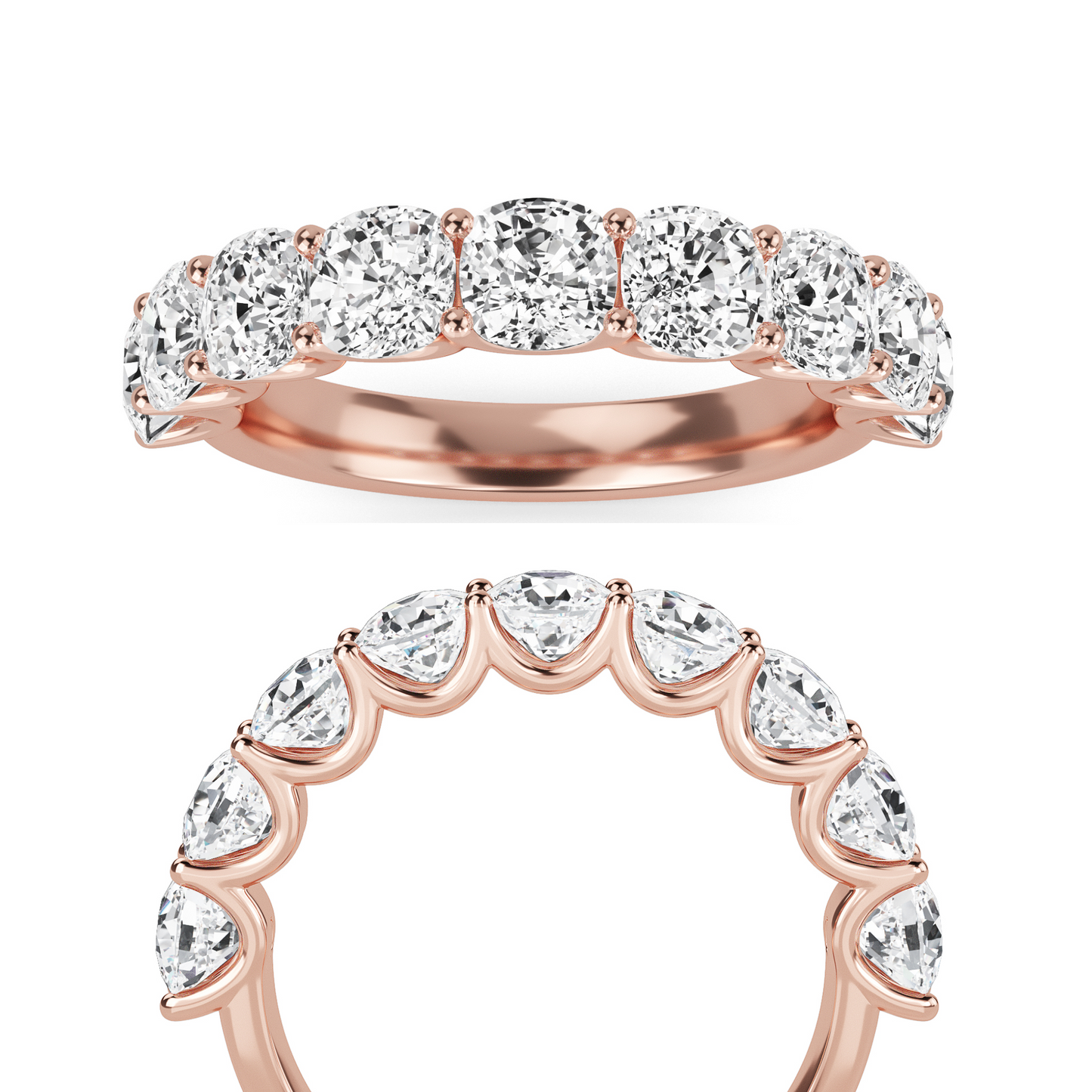 Noor Cushion cut lab grown diamond U Prong Eternity band Rose Gold ring for women - elegant and sustainable jewelry by Wenoor