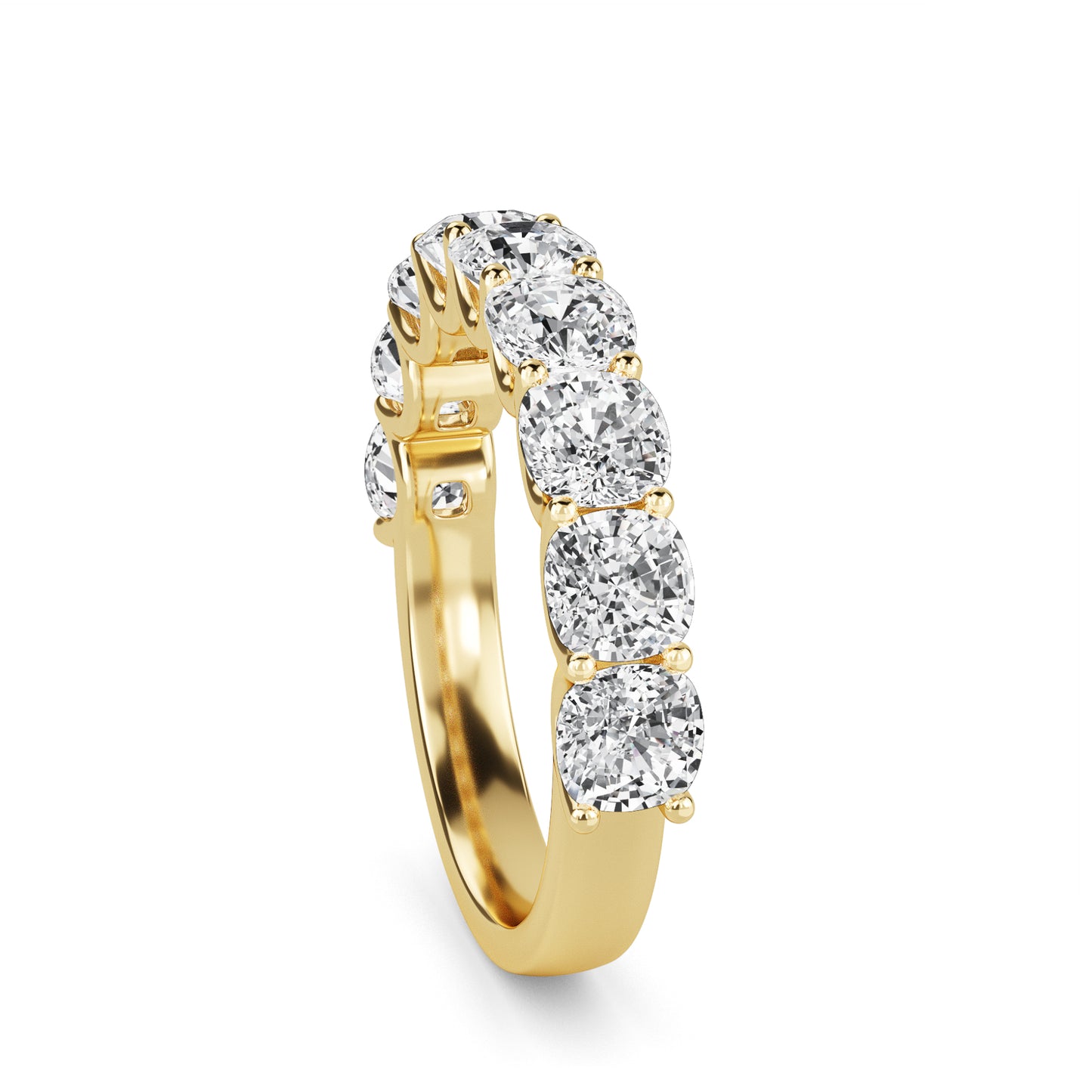 Noor Cushion cut lab grown diamond U Prong Eternity band Yellow Gold ring for women - elegant and sustainable jewelry by Wenoor
