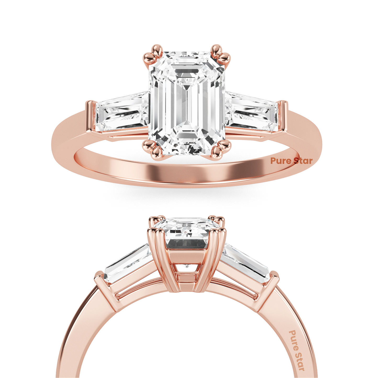 Art Deco inspired emerald and baguette lab diamond ring, three stone setting in recycled conflict free vintage engagement ring