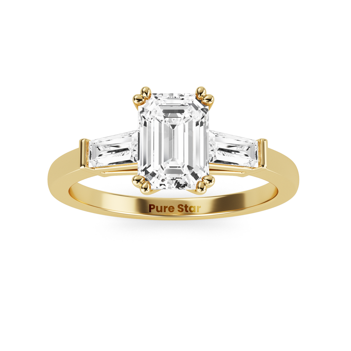 Art Deco inspired emerald and baguette lab diamond ring, three stone setting in recycled conflict free vintage engagement ring