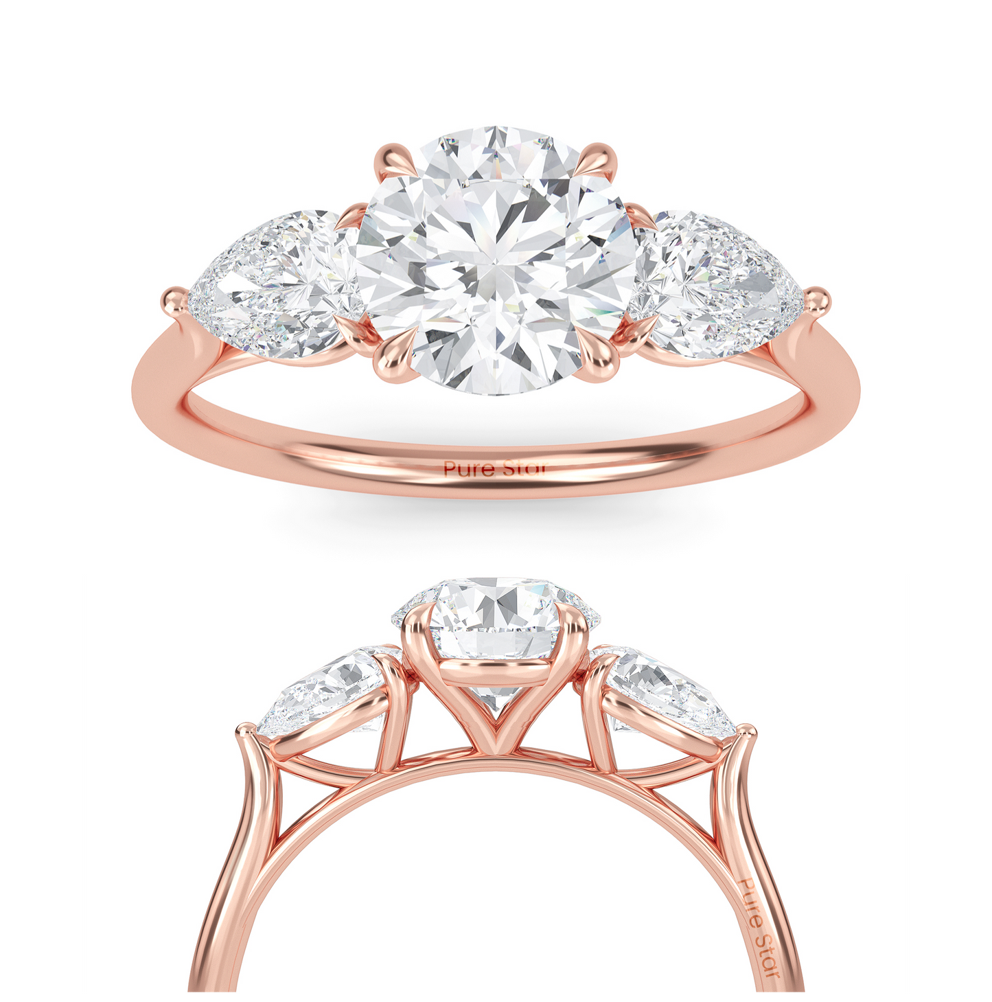 Luxury three stone engagement ring in 14K gold with 1ct round lab diamond center and accent stones conflict free fine jewelry