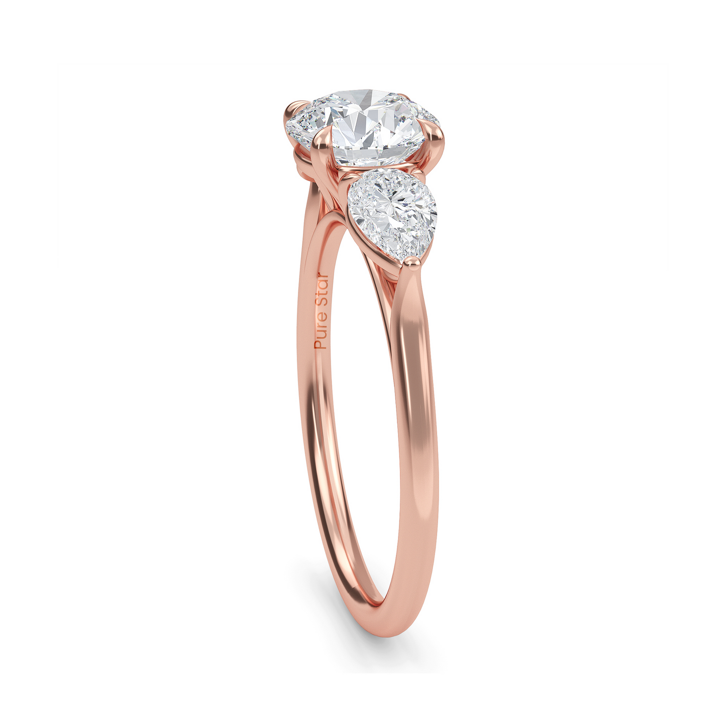 Luxury three stone engagement ring in 14K gold with 1ct round lab diamond center and accent stones conflict free fine jewelry