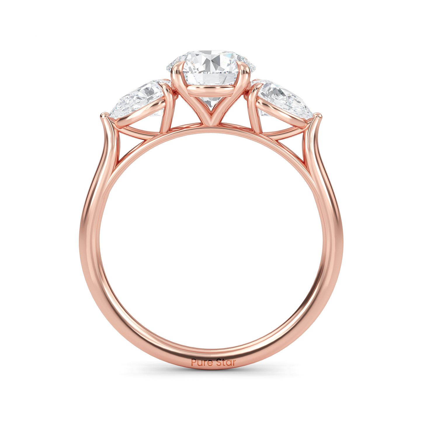 Luxury three stone engagement ring in 14K gold with 1ct round lab diamond center and accent stones conflict free fine jewelry