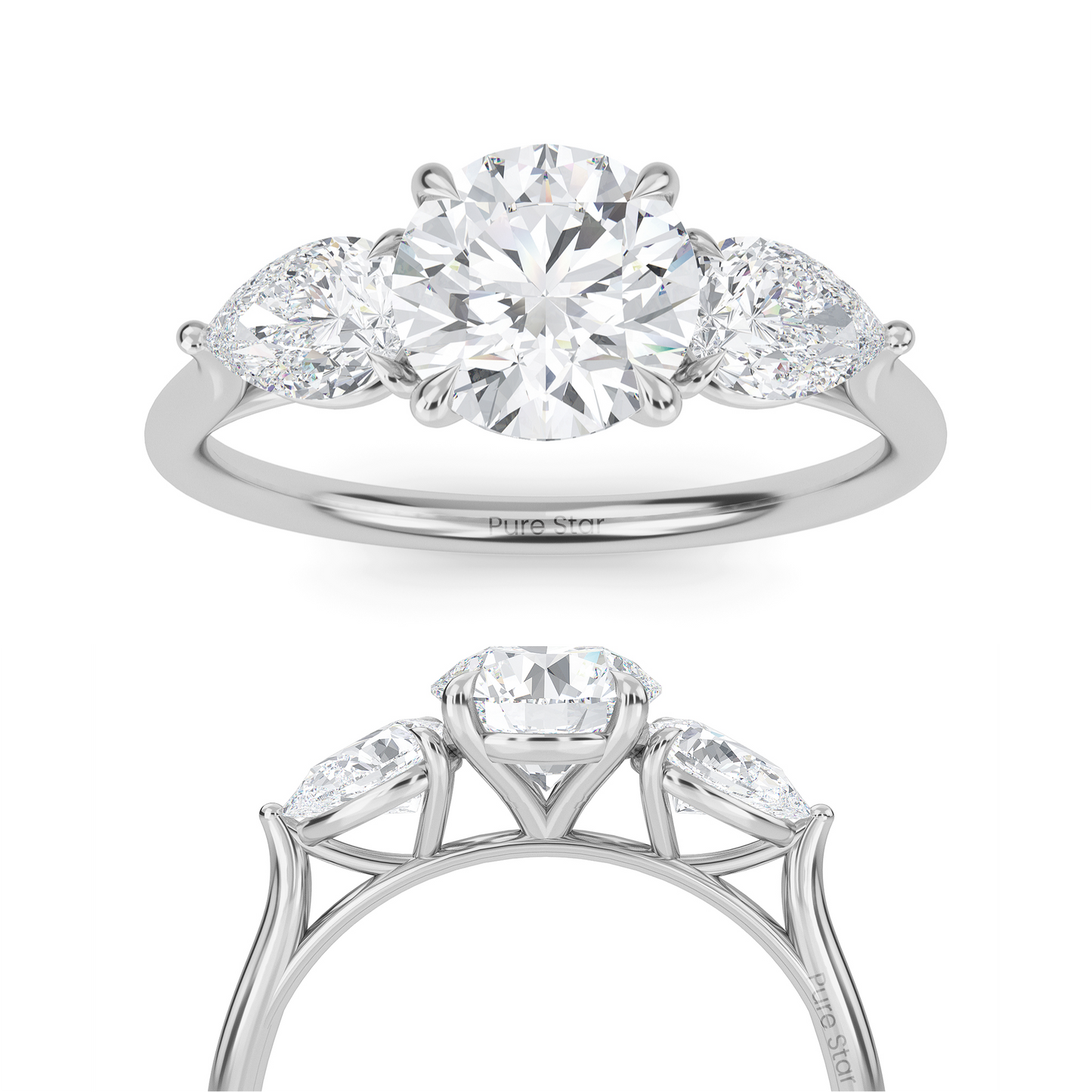 Luxury three stone engagement ring in 14K gold with 1ct round lab diamond center and accent stones conflict free fine jewelry