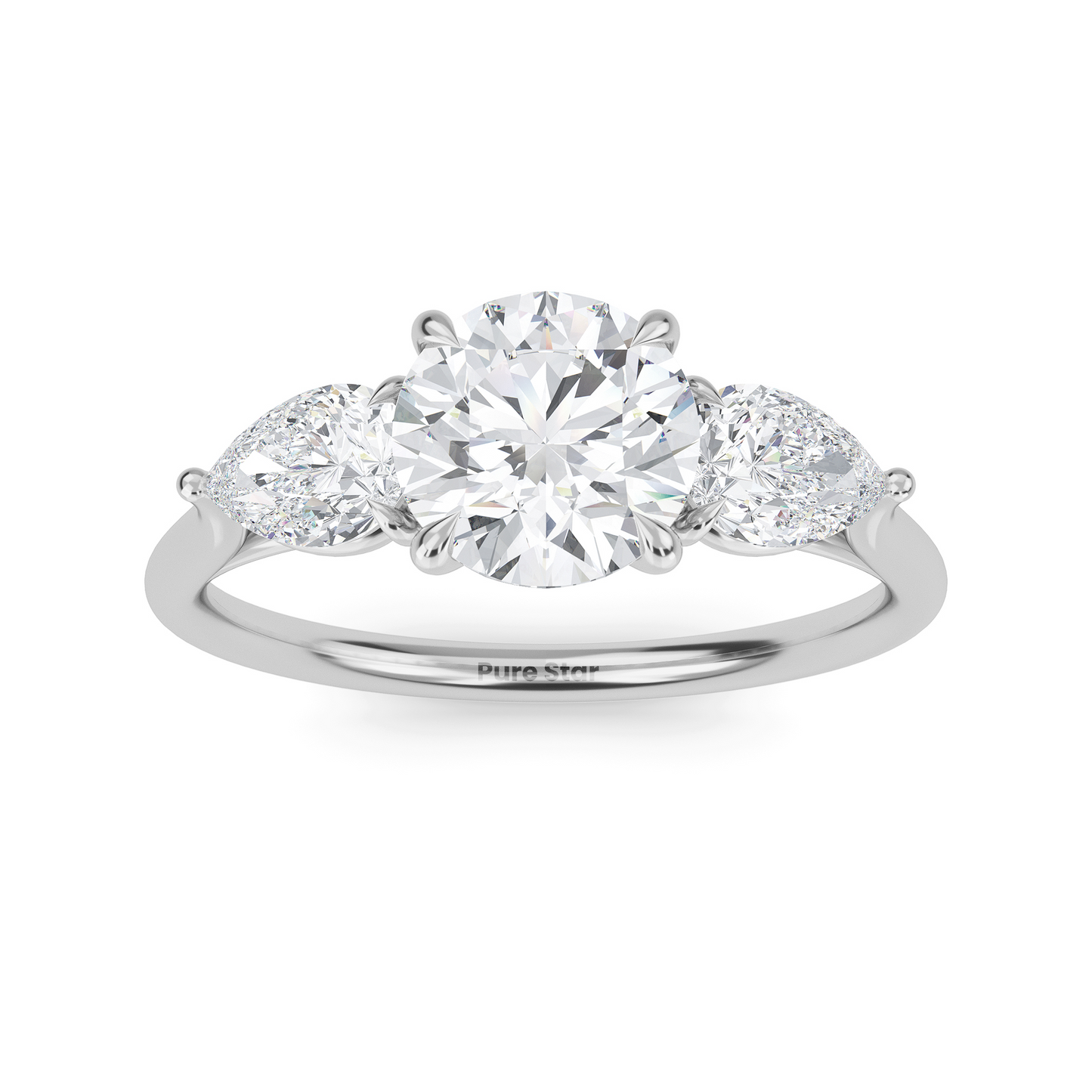 Luxury three stone engagement ring in 14K gold with 1ct round lab diamond center and accent stones conflict free fine jewelry