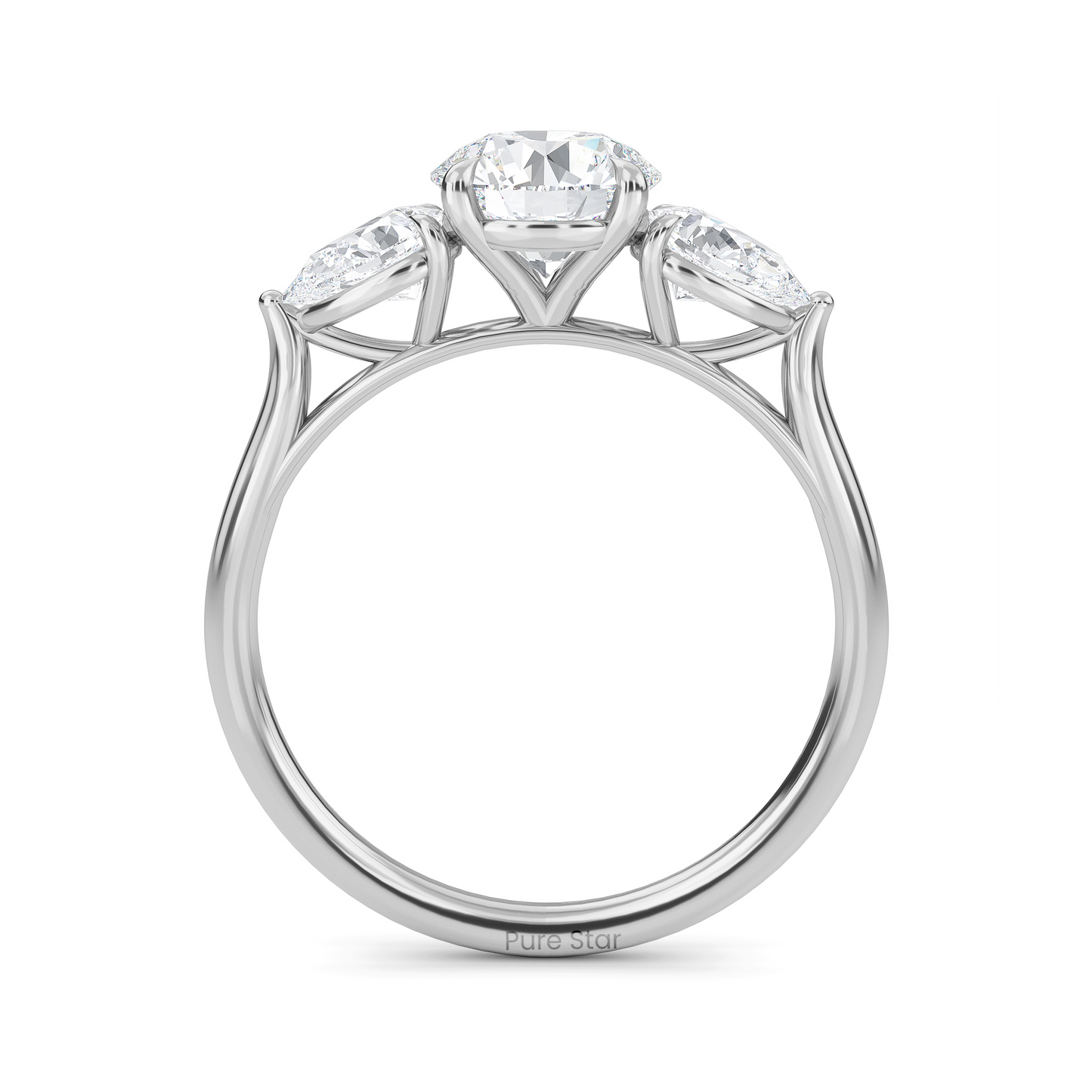 Luxury three stone engagement ring in 14K gold with 1ct round lab diamond center and accent stones conflict free fine jewelry