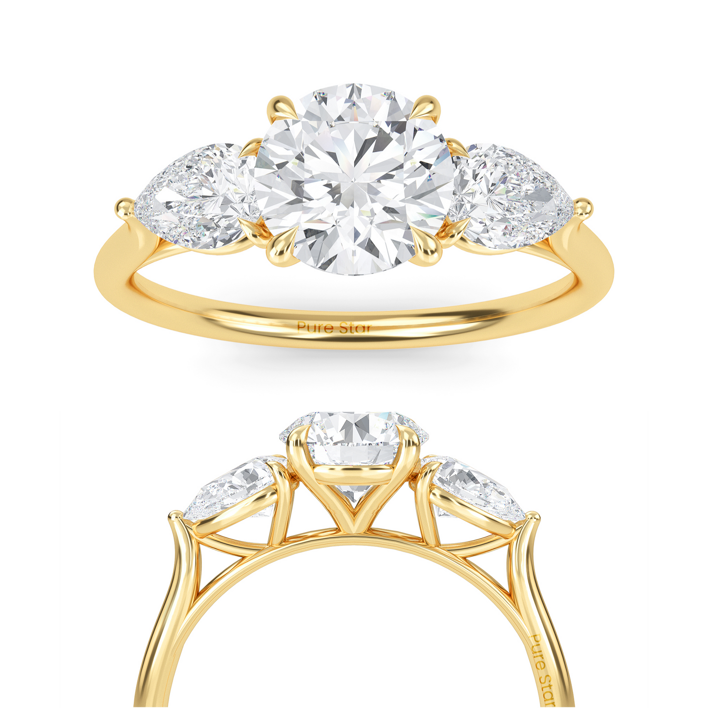 Luxury three stone engagement ring in 14K gold with 1ct round lab diamond center and accent stones conflict free fine jewelry