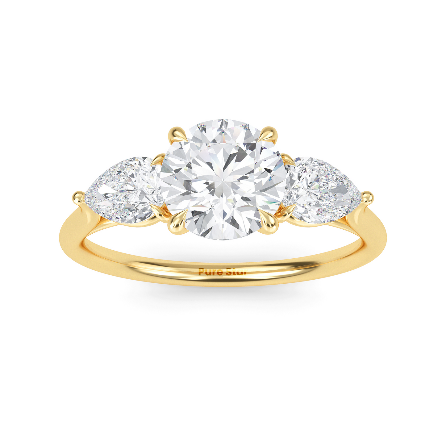 Luxury three stone engagement ring in 14K gold with 1ct round lab diamond center and accent stones conflict free fine jewelry