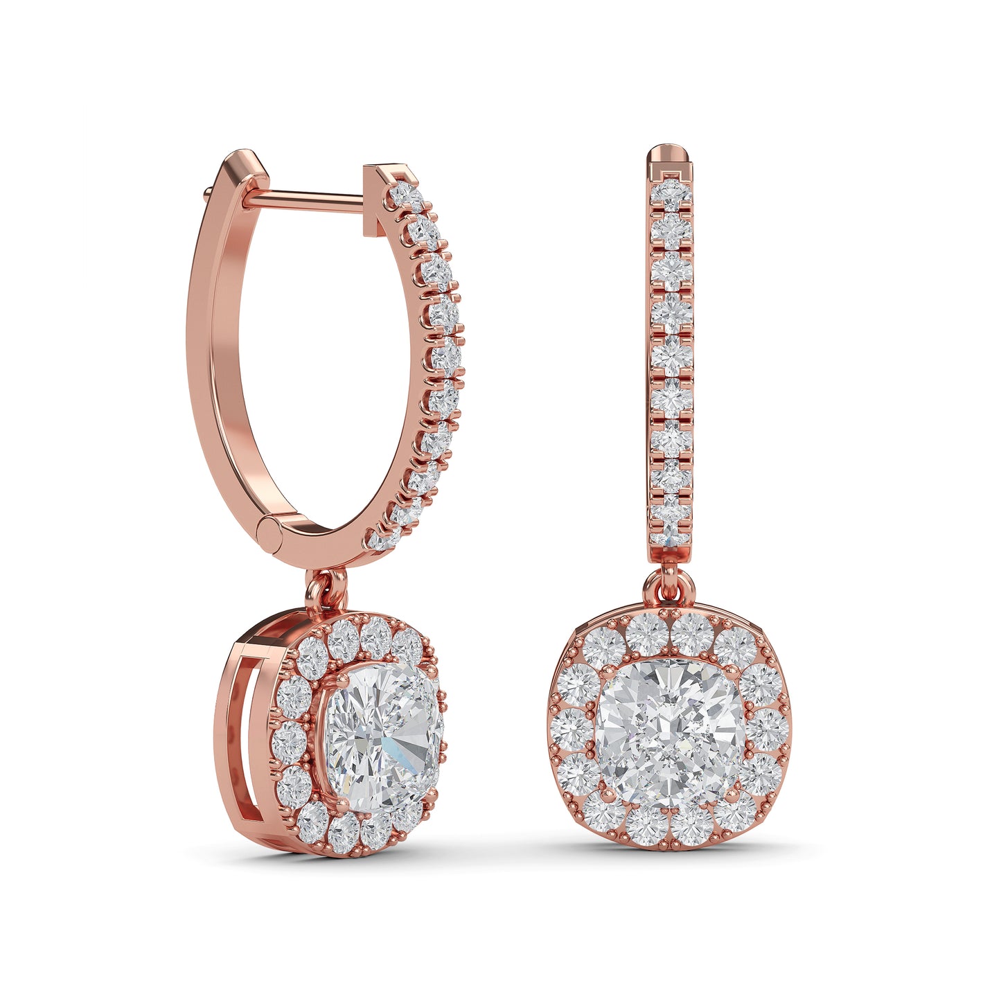 Cushion cut lab diamond halo drop earrings in 14K gold – perfect gift for women