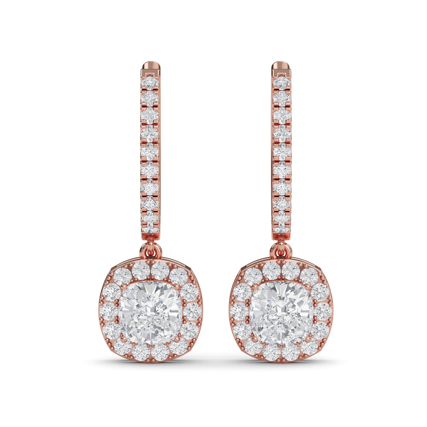 Cushion cut lab diamond halo drop earrings in 14K gold – perfect gift for women