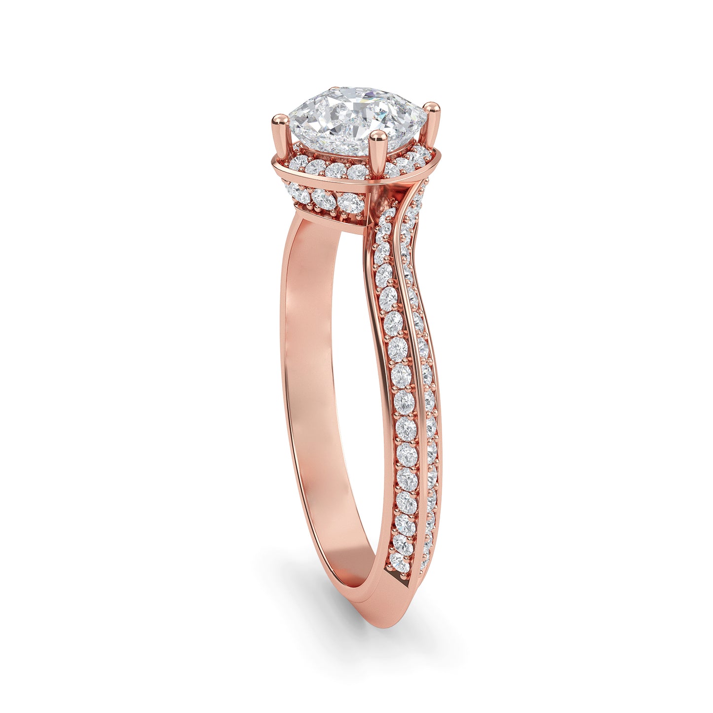 Cushion cut lab grown diamond engagement ring in rose gold with brilliant faceting and four prong settinge