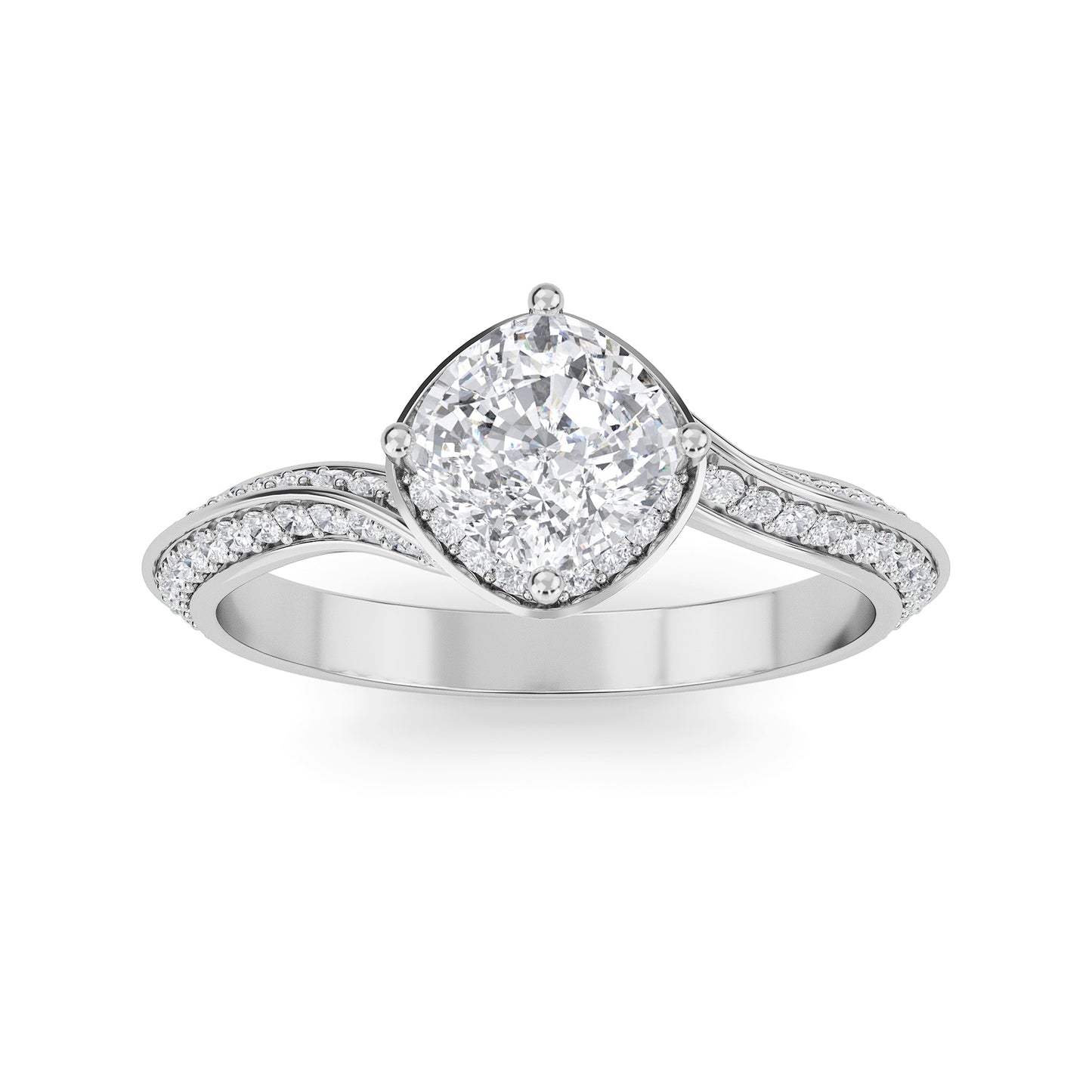Cushion cut lab grown diamond engagement ring in 10k,14k,18k white gold with brilliant faceting and four prong solitaire setting