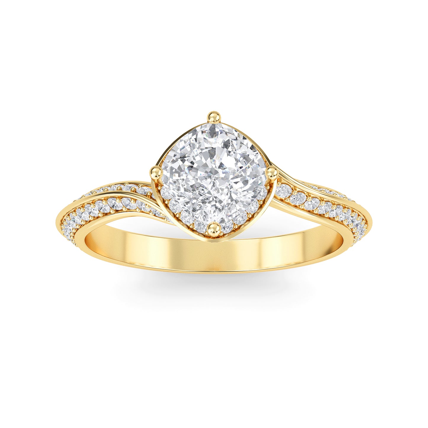 Cushion cut lab grown diamond engagement ring in yellow gold with brilliant faceting and four-prong solitaire setting