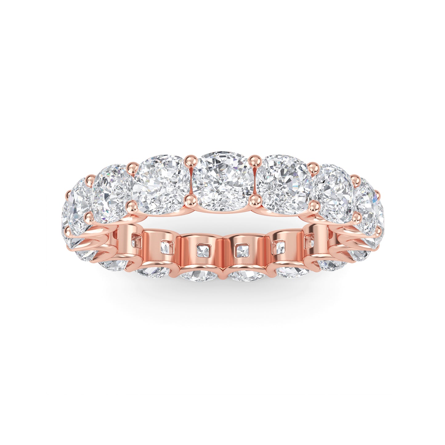 Amiri Cushion cut lab grown diamond U Prong Eternity band Rose Gold ring for women - elegant and sustainable jewelry by Wenoor