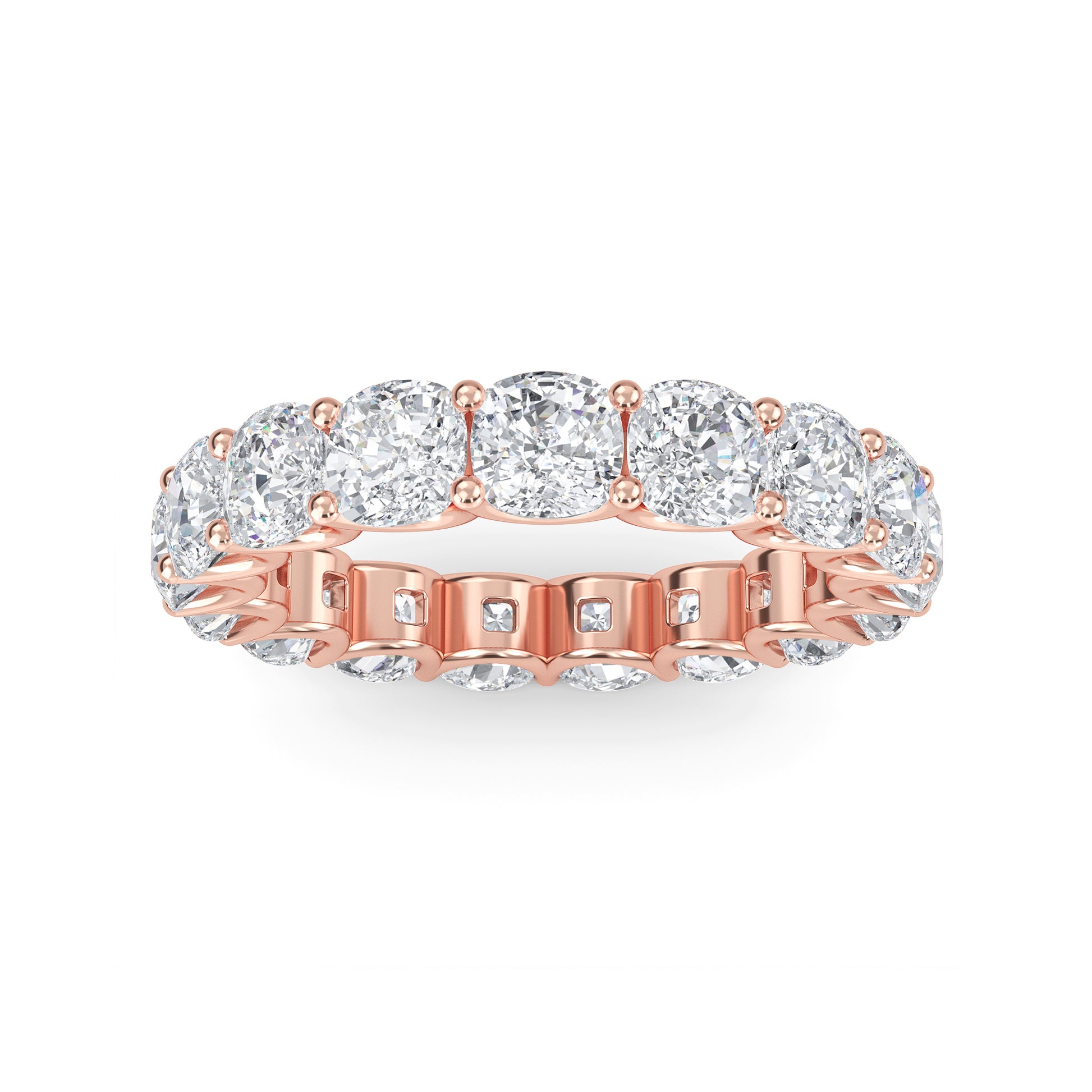 Amiri Cushion cut lab grown diamond U Prong Eternity band Rose Gold ring for women - elegant and sustainable jewelry by Wenoor