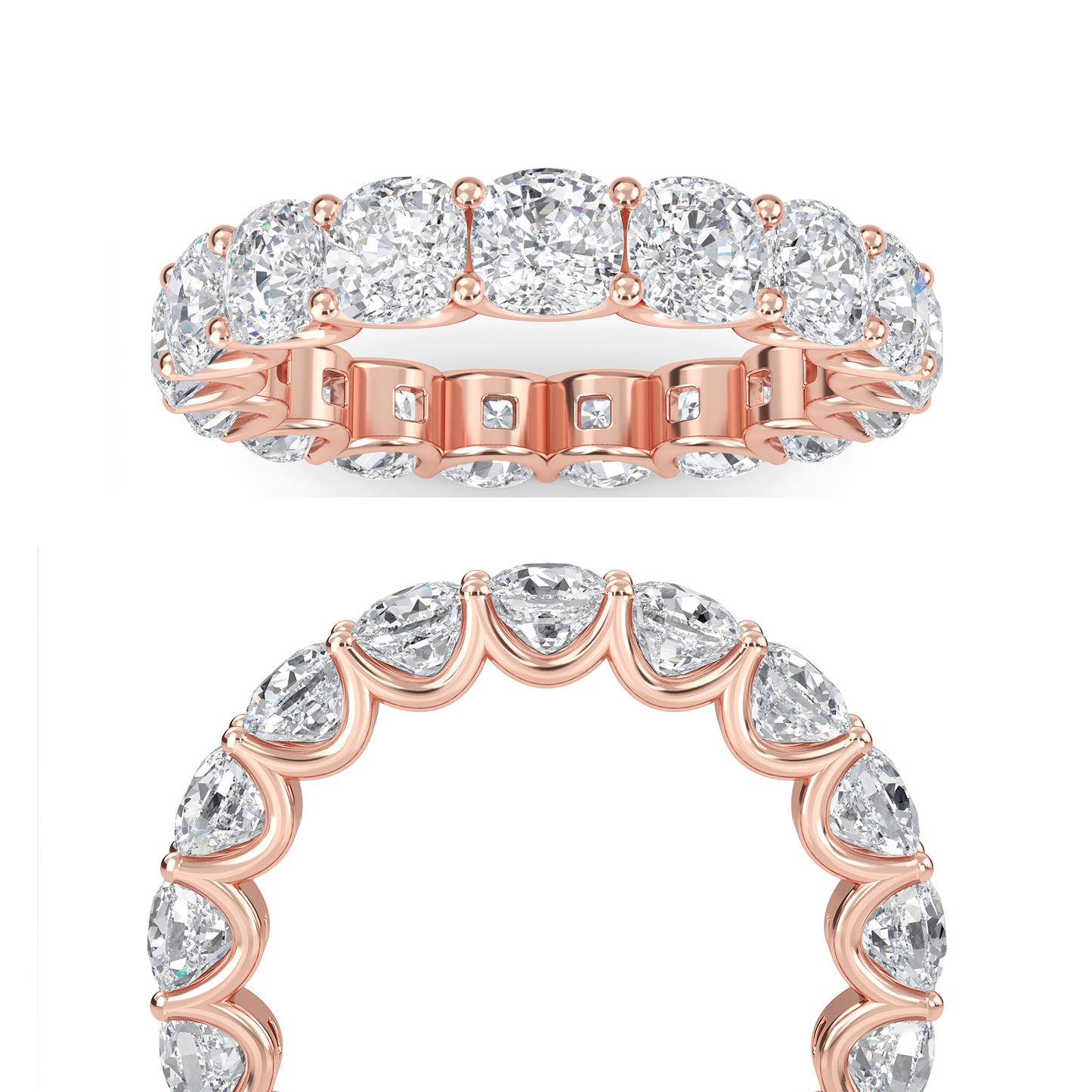 Amiri Cushion cut lab grown diamond U Prong Eternity band Rose Gold ring for women - elegant and sustainable jewelry by Wenoor