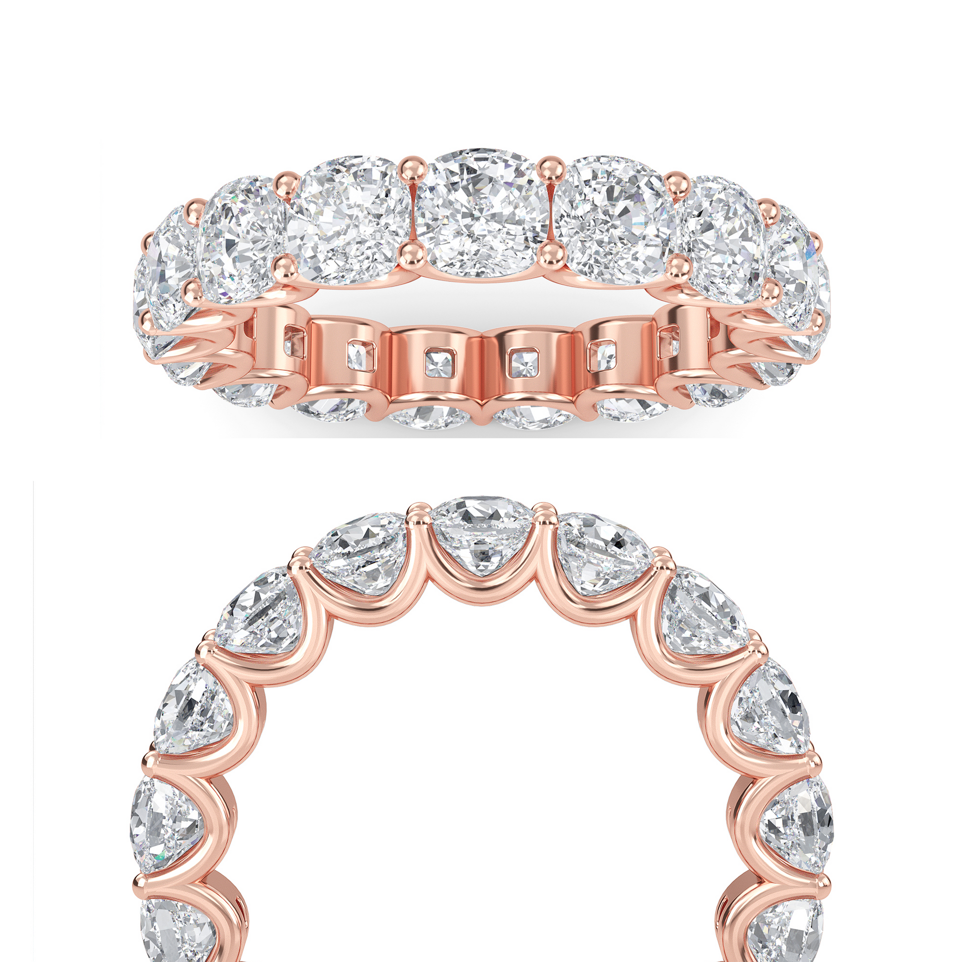 Amiri Cushion cut lab grown diamond U Prong Eternity band Rose Gold ring for women - elegant and sustainable jewelry by Wenoor
