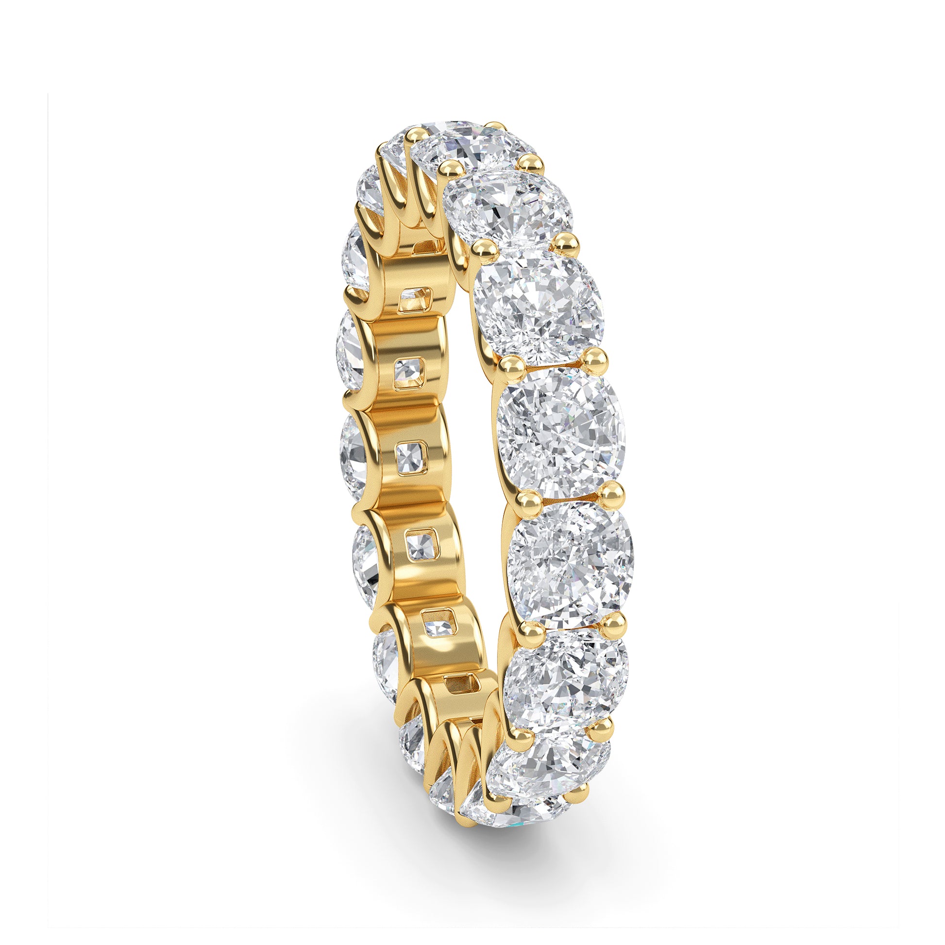 Amiri Cushion cut lab grown diamond U Prong Eternity band Yellow Gold ring for women - elegant and sustainable jewelry by Wenoor