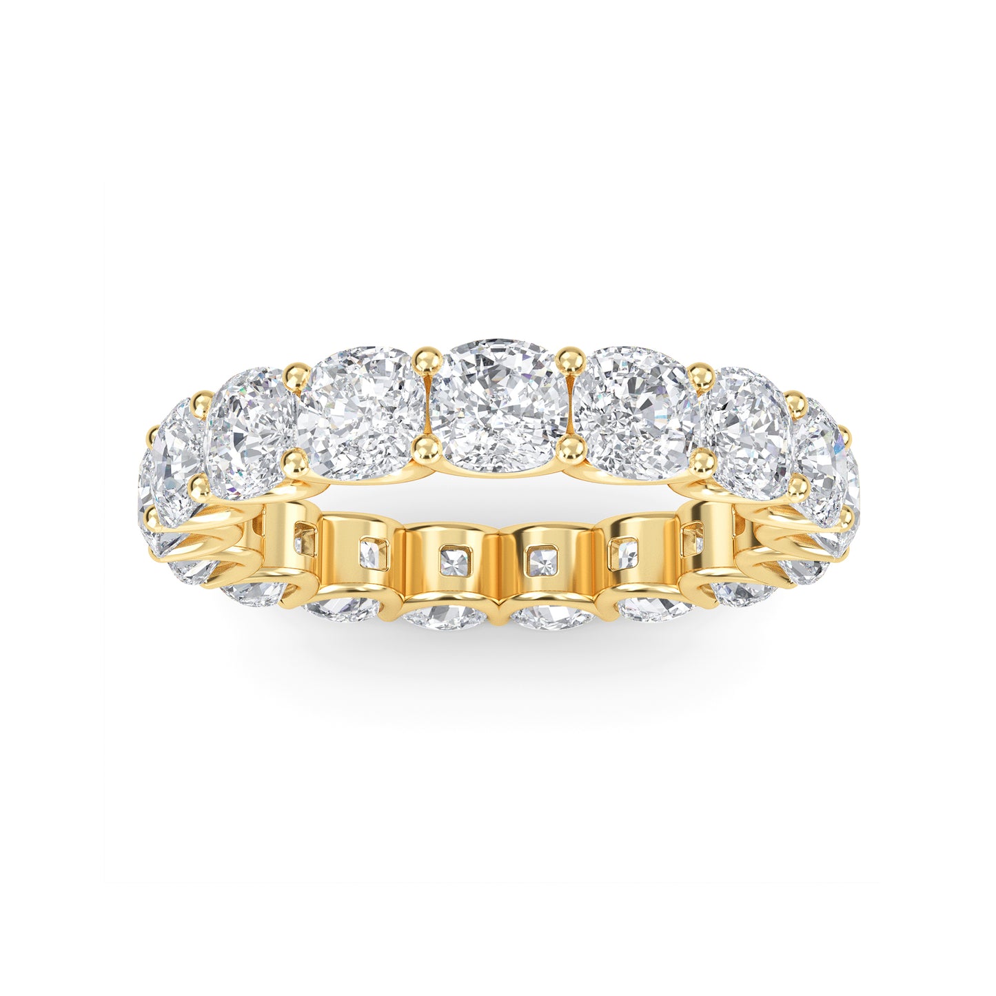 Amiri Cushion cut lab grown diamond U Prong Eternity band Yellow Gold ring for women - elegant and sustainable jewelry by Wenoor
