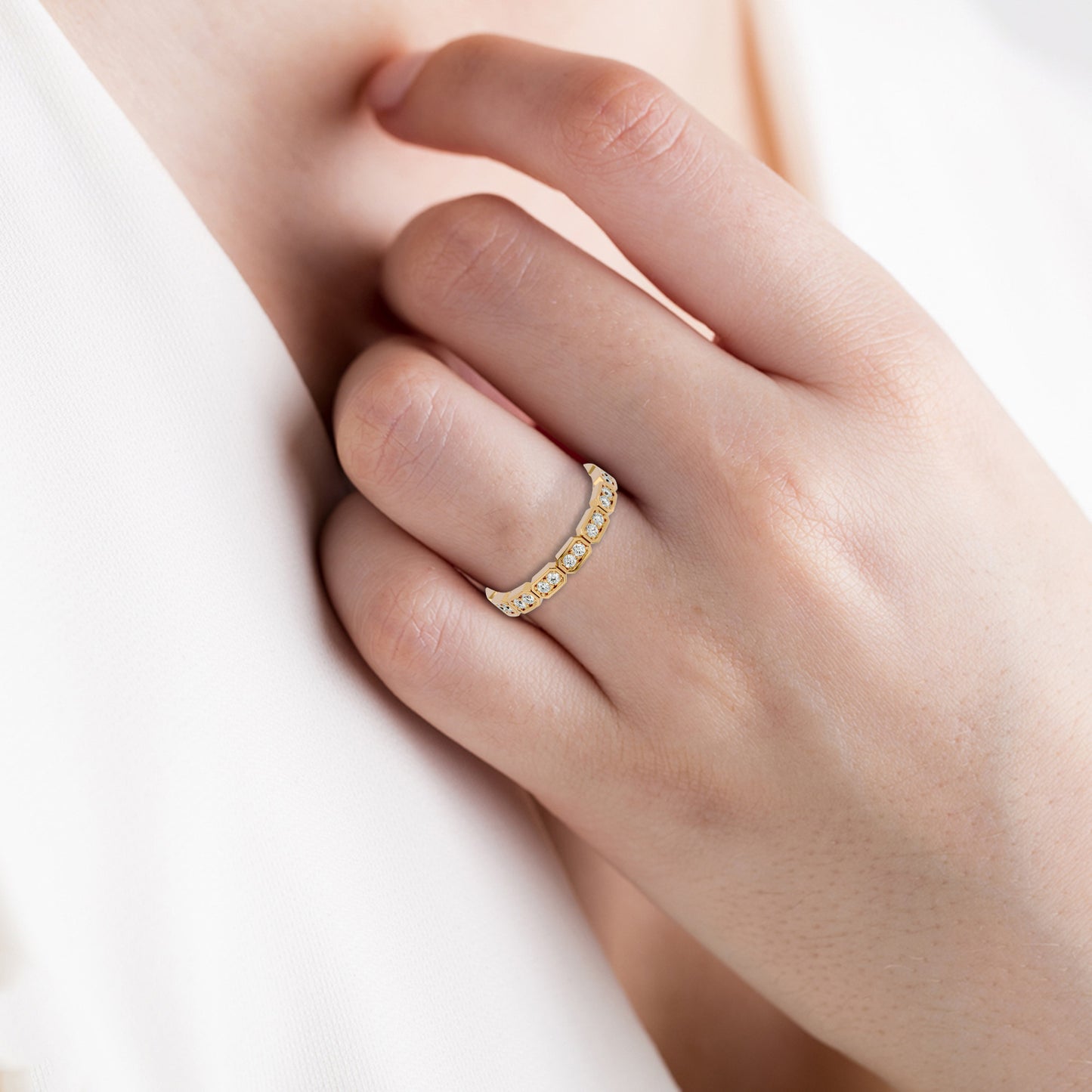 Becky Round cut lab grown diamond Bezel Stackable Eternity band Yellow Gold ring for women - elegant and sustainable jewelry by Wenoor