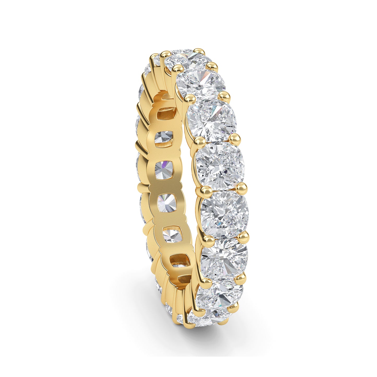 Eden Cushion cut lab grown diamond Shared Prong Eternity band Yellow gold ring for women - elegant and sustainable jewelry by Wenoor