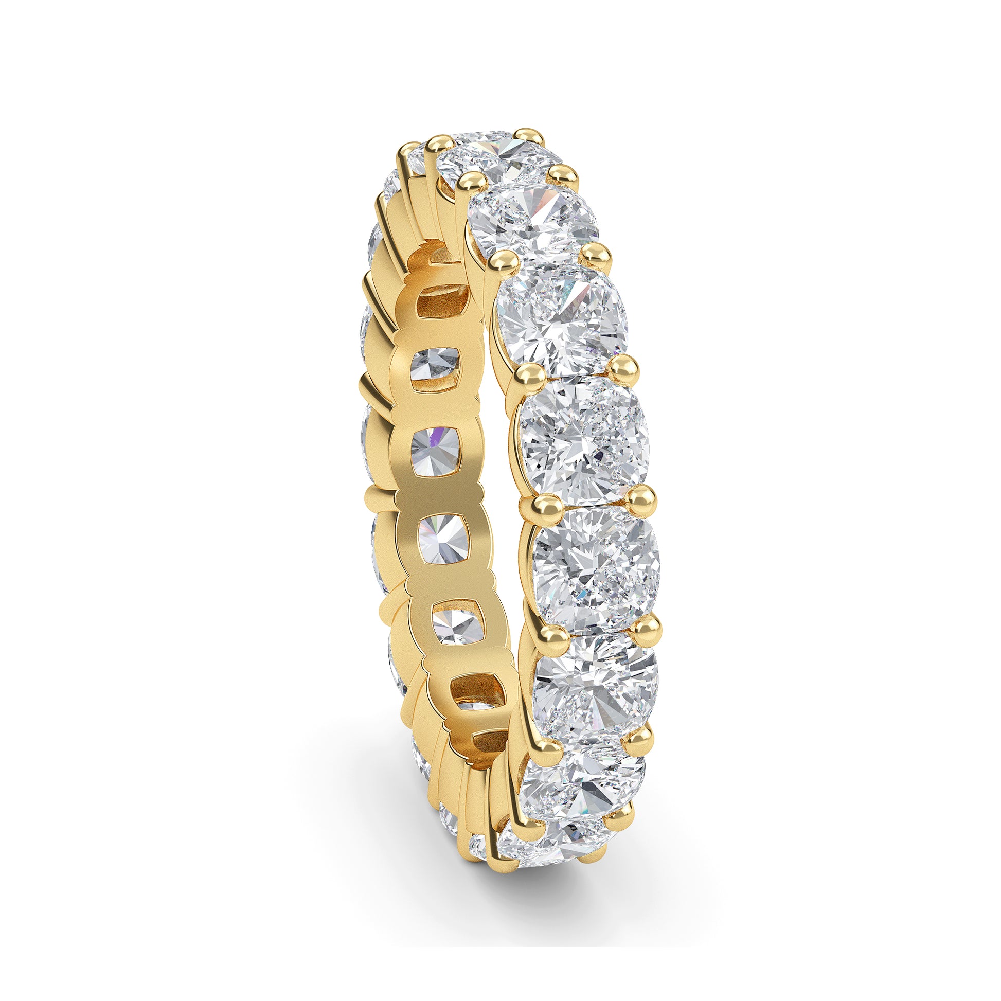 Eden Cushion cut lab grown diamond Shared Prong Eternity band Yellow gold ring for women - elegant and sustainable jewelry by Wenoor