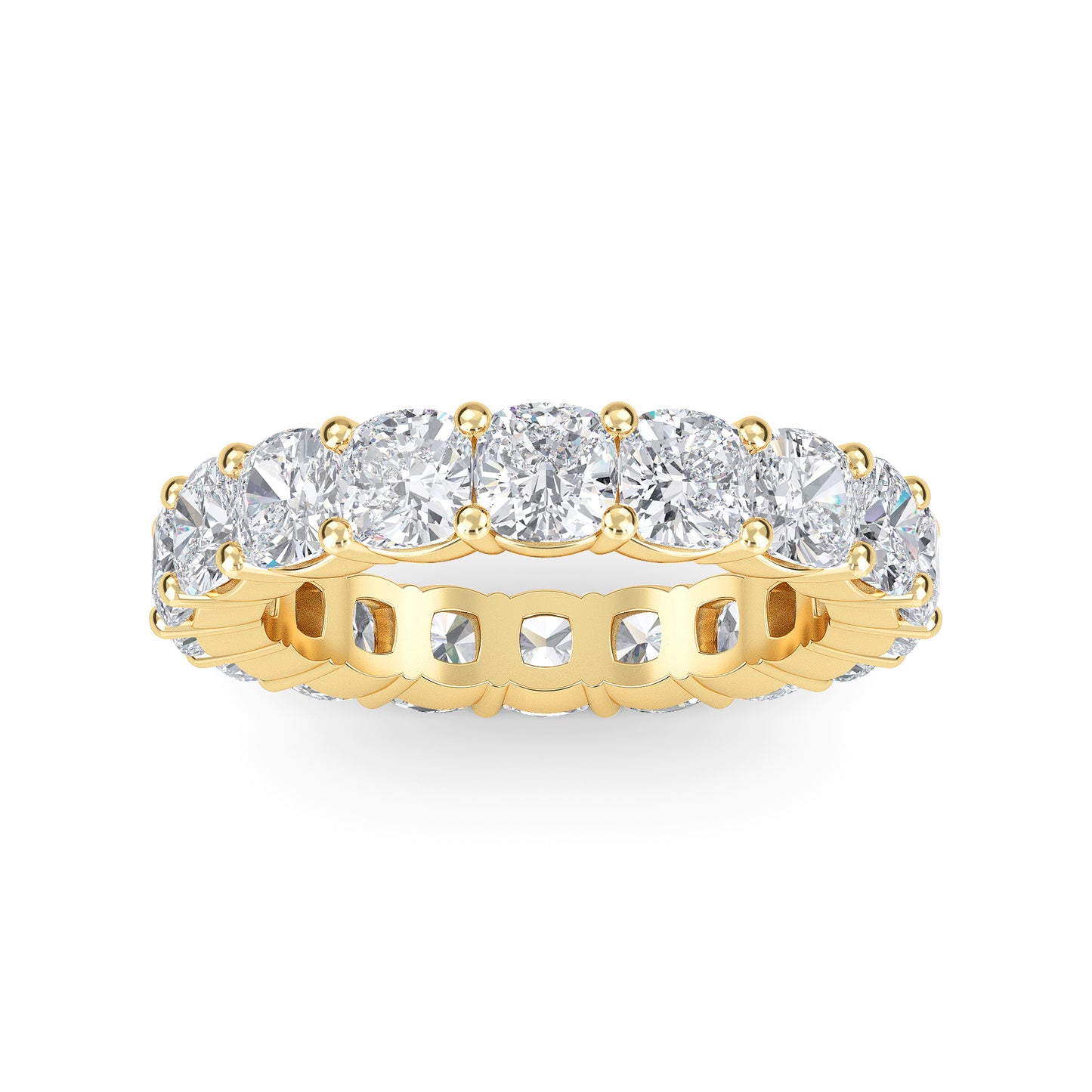 Eden Cushion cut lab grown diamond Shared Prong Eternity band Yellow gold ring for women - elegant and sustainable jewelry by Wenoor