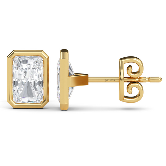 Ethical radiant cut diamond earrings in recycled gold bezel setting – IGI certified