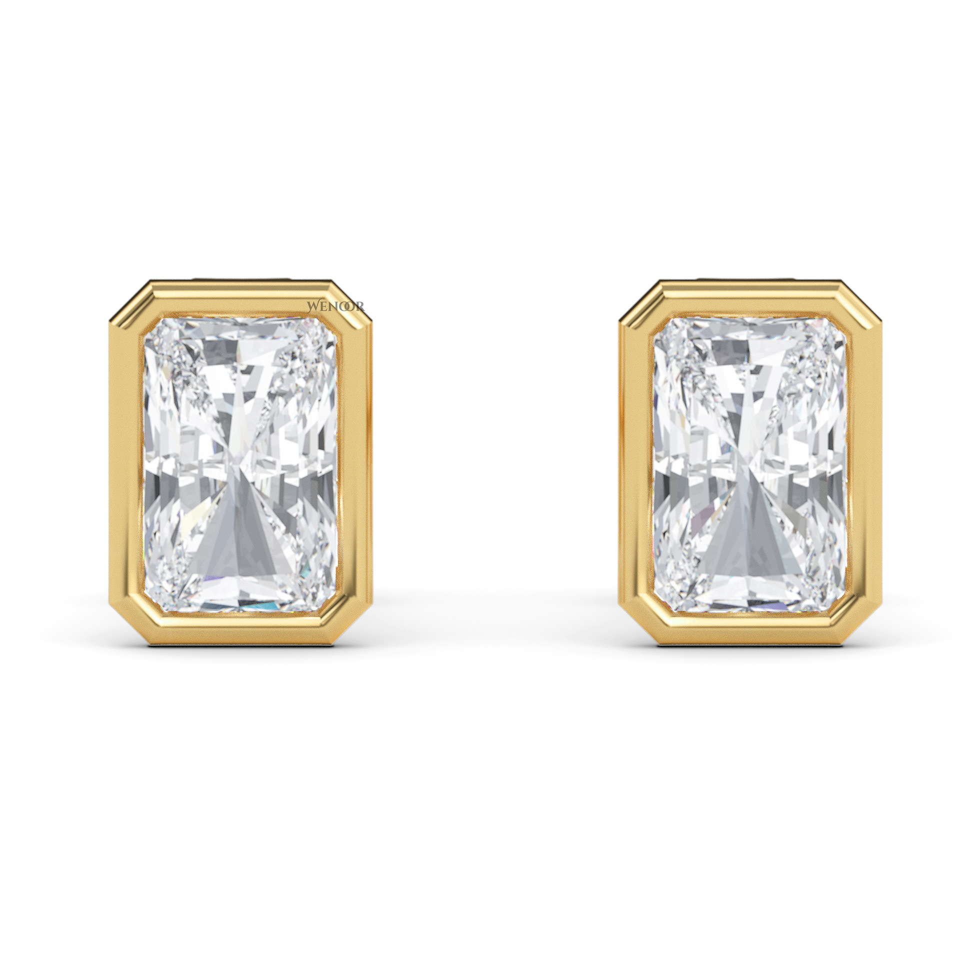 Ethical radiant cut diamond earrings in recycled gold bezel setting – IGI certified