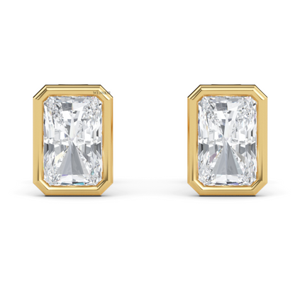 Ethical radiant cut diamond earrings in recycled gold bezel setting – IGI certified