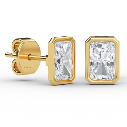 Ethical radiant cut diamond earrings in recycled gold bezel setting – IGI certified