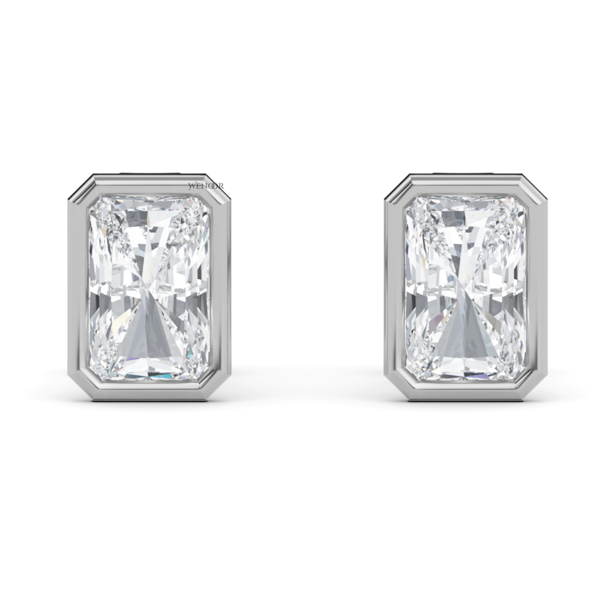 Ethical radiant cut diamond earrings in recycled gold bezel setting – IGI certified