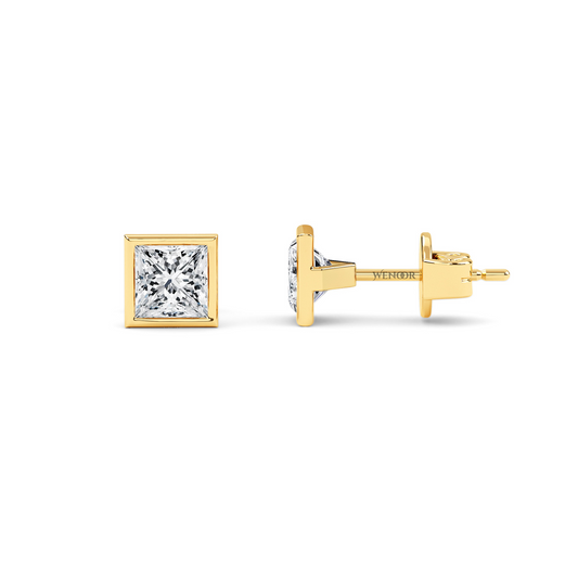 Princess cut bezel lab diamond stud earrings in 14K gold - sustainable luxury studs